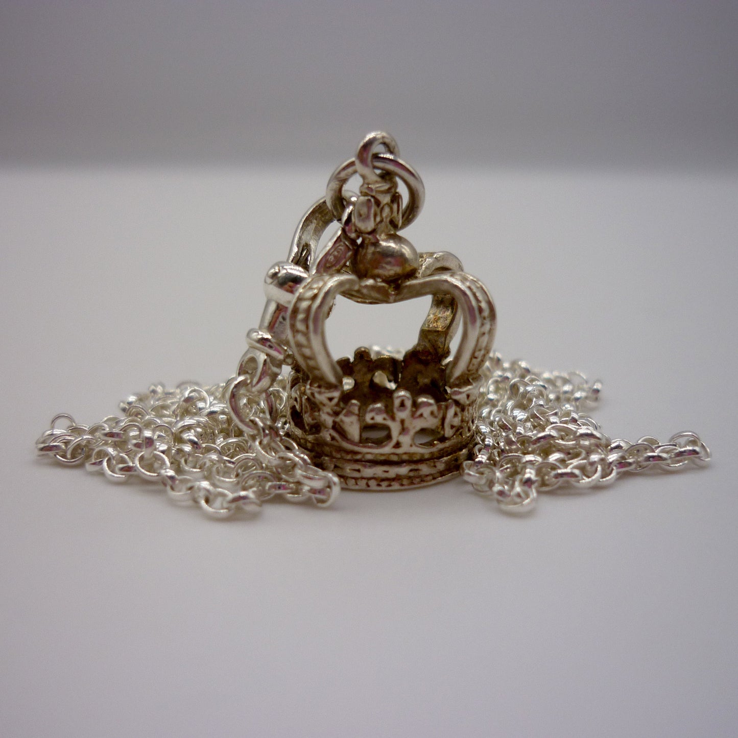 Silver Crown Charm on Clasp, Long Chain Necklace with 3D Crown Pendant