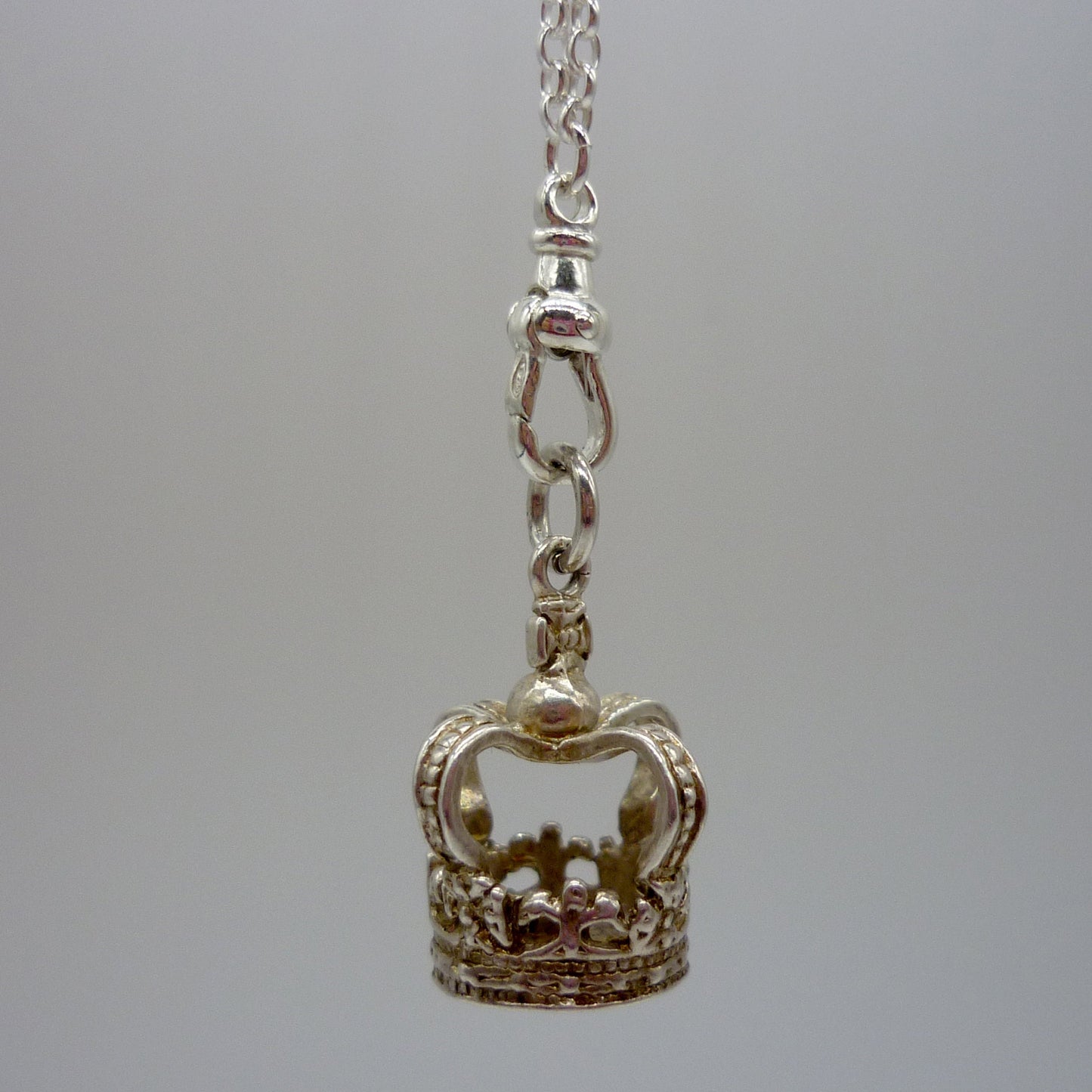 Silver Crown Charm on Clasp, Long Chain Necklace with 3D Crown Pendant