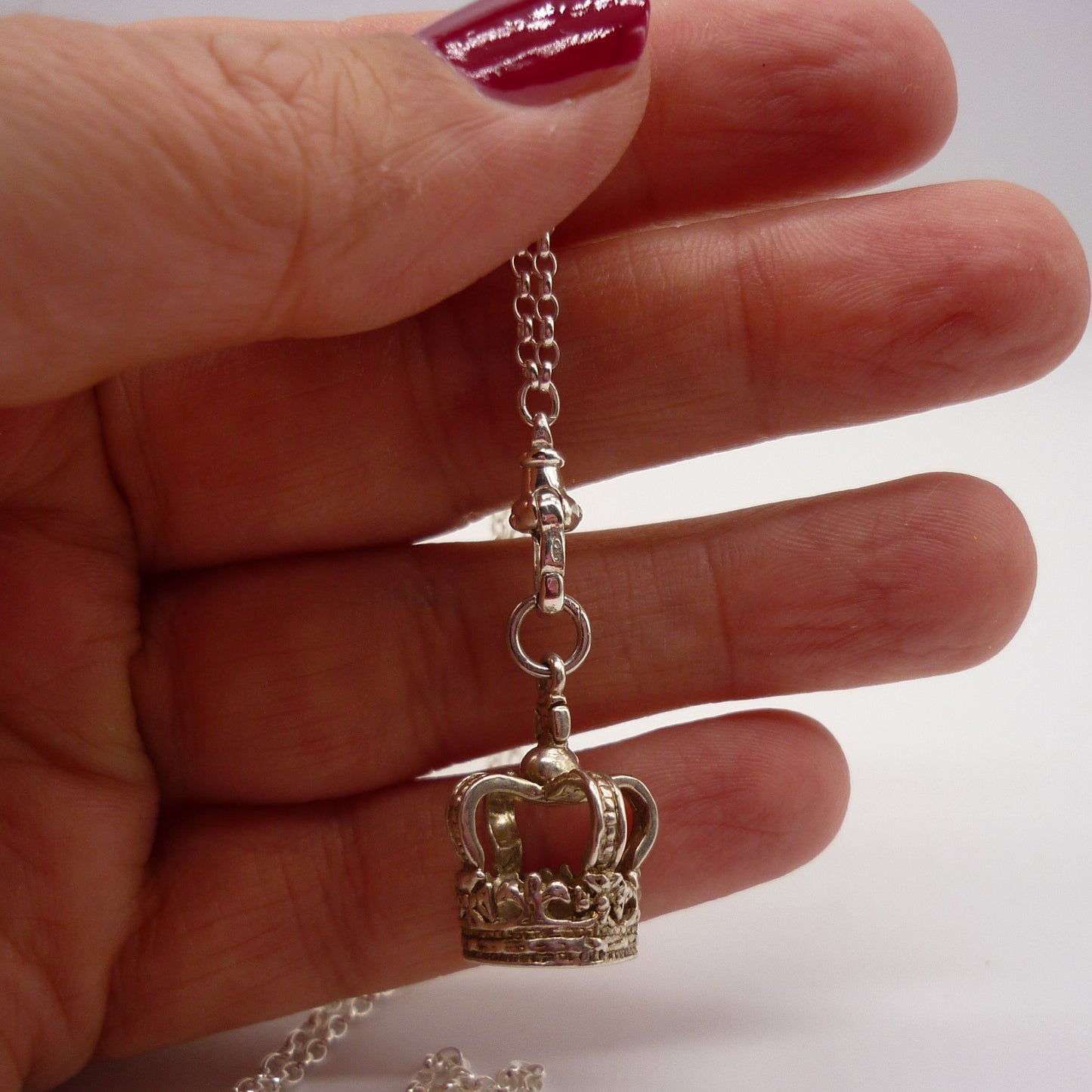 Silver Crown Charm on Clasp, Long Chain Necklace with 3D Crown Pendant