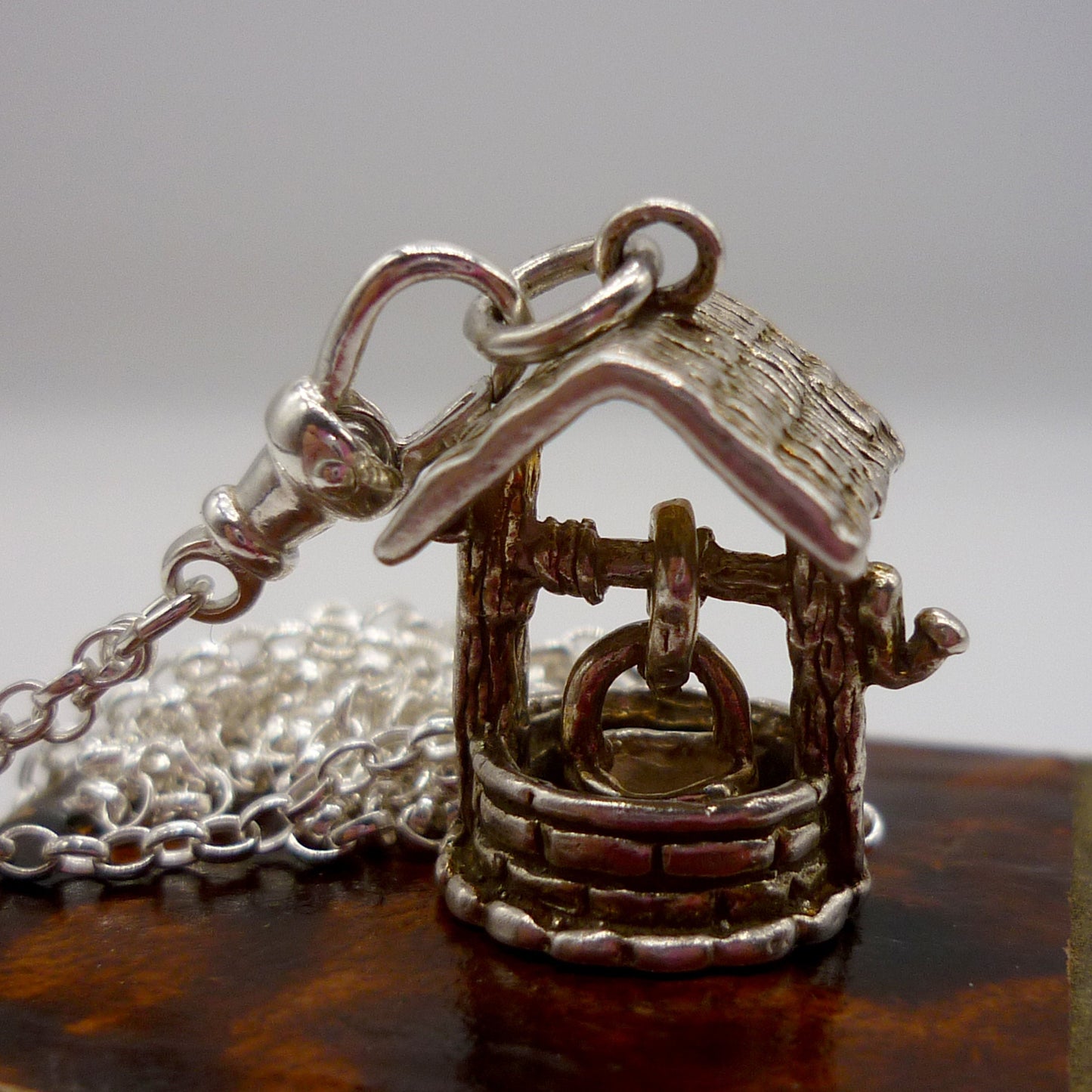 Wishing Well Necklace, Sterling Silver Chain Necklace with Pendant Charm on Clasp