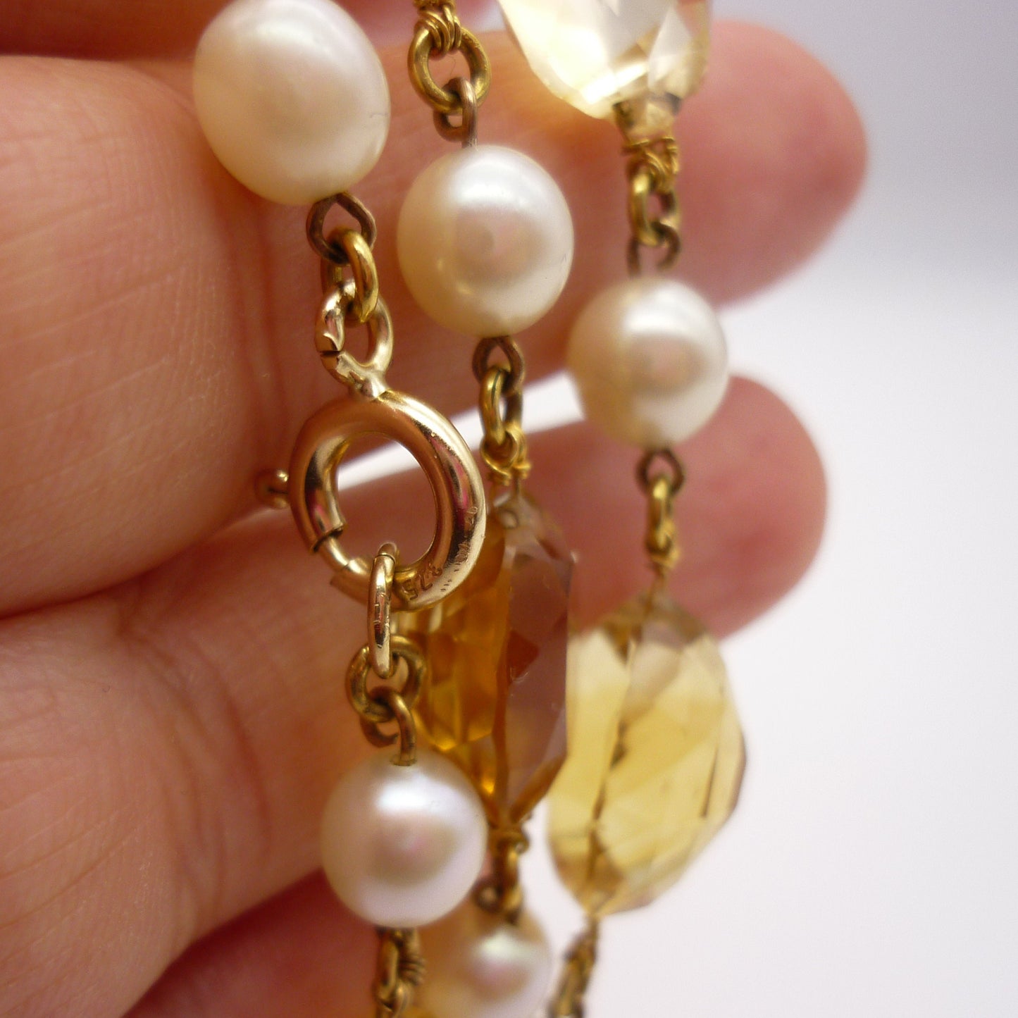 Vintage Faceted Citrine and Cultured Pearl Necklace, Art Deco Gemstone Jewellery