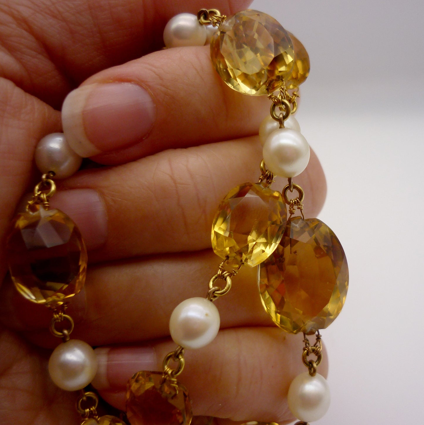 Vintage Faceted Citrine and Cultured Pearl Necklace, Art Deco Gemstone Jewellery