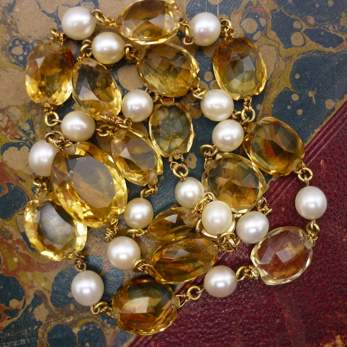 Vintage Faceted Citrine and Cultured Pearl Necklace, Art Deco Gemstone Jewellery