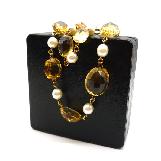 Vintage Faceted Citrine and Cultured Pearl Necklace, Art Deco Gemstone Jewellery