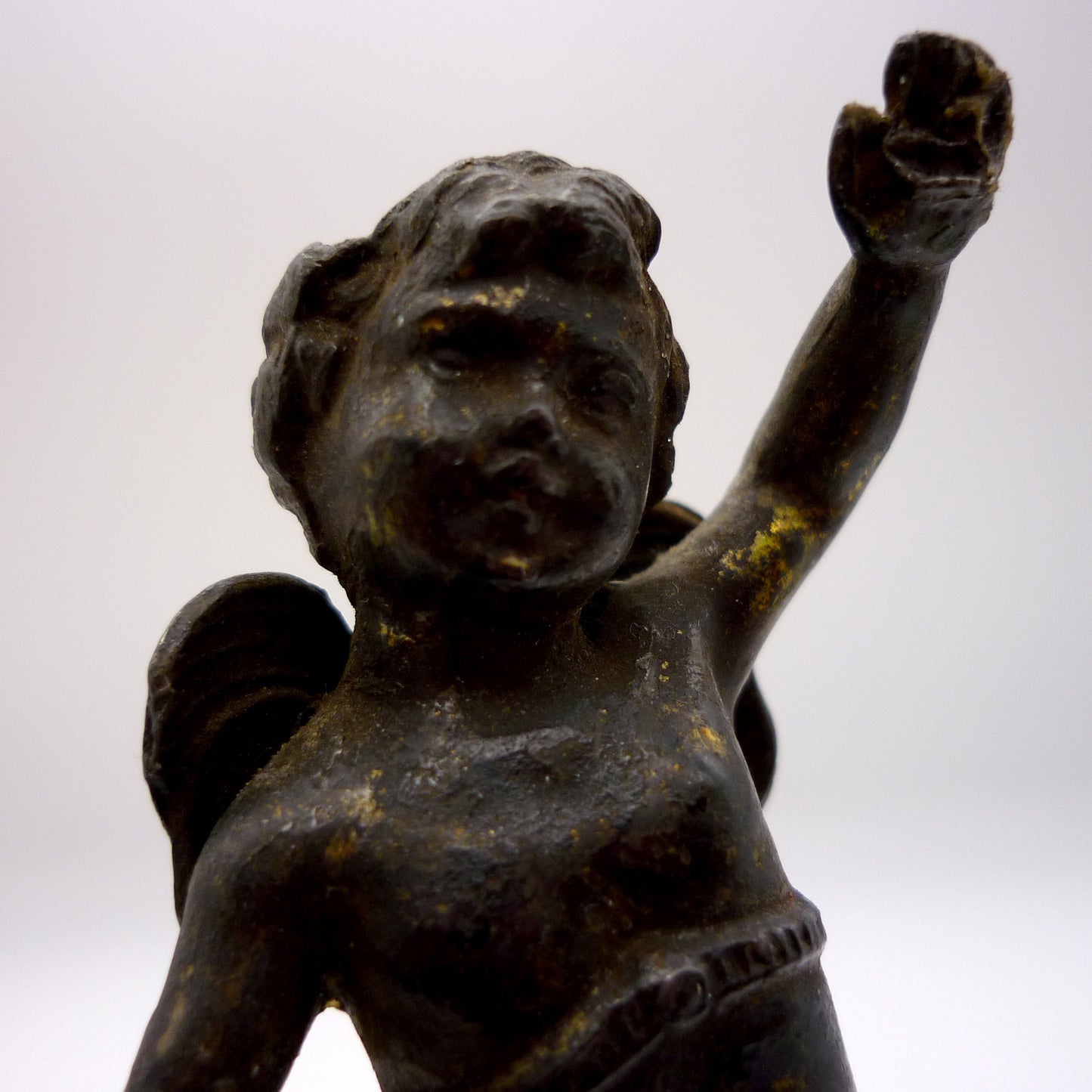 Antique Cast Metal Cherub Statuette on Marble Style Plinth