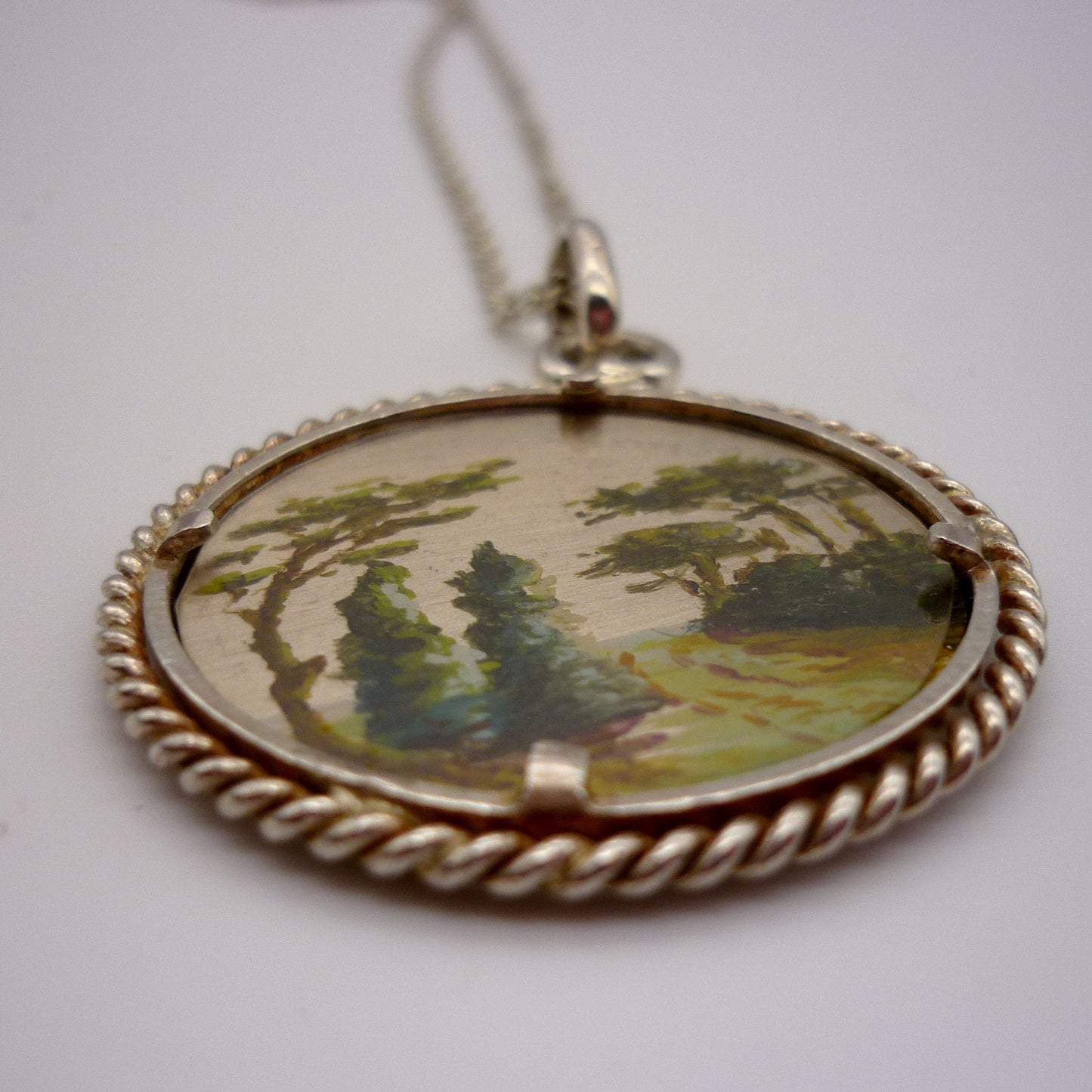 Vintage Landscape Miniature Painting on Silver Pendant Necklace
