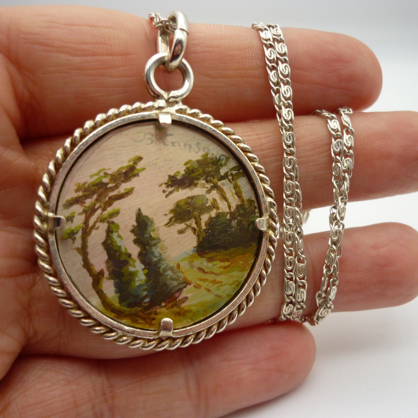 Vintage Landscape Miniature Painting on Silver Pendant Necklace