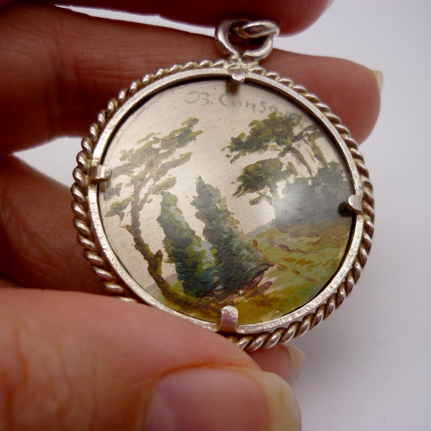 Vintage Landscape Miniature Painting on Silver Pendant Necklace