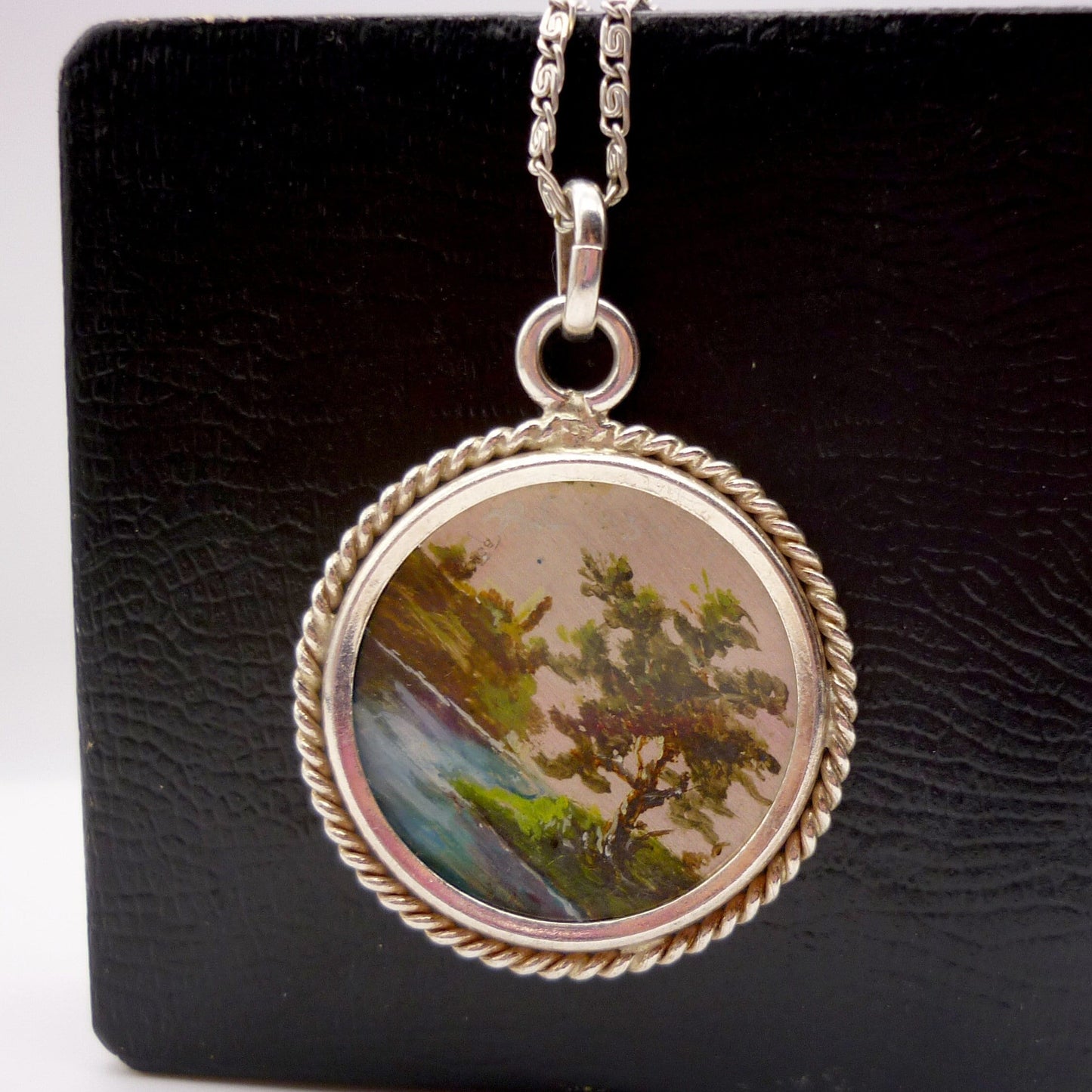 Vintage Landscape Miniature Painting on Silver Pendant Necklace