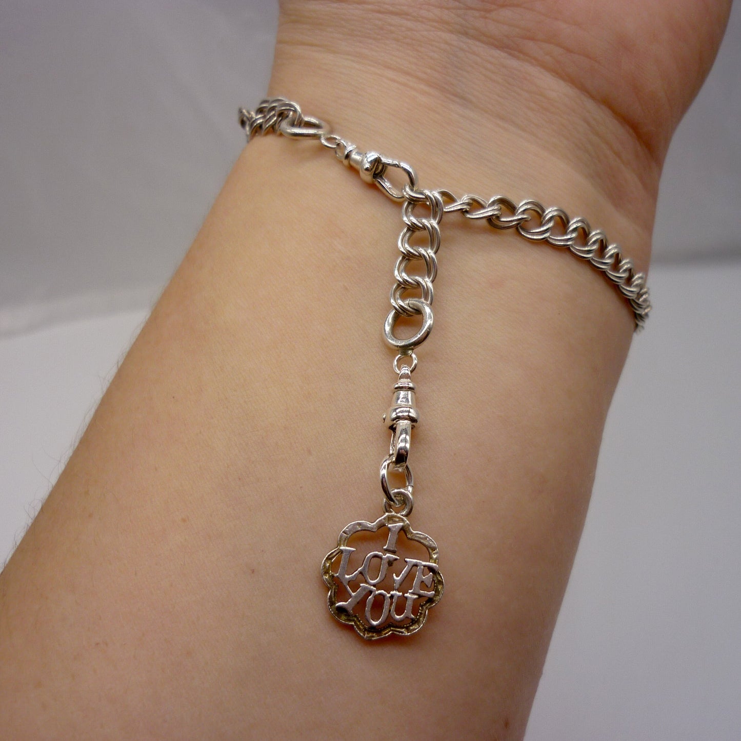 Vintage Sterling Silver 'I Love You' Charm Bracelet with Albert Fobs