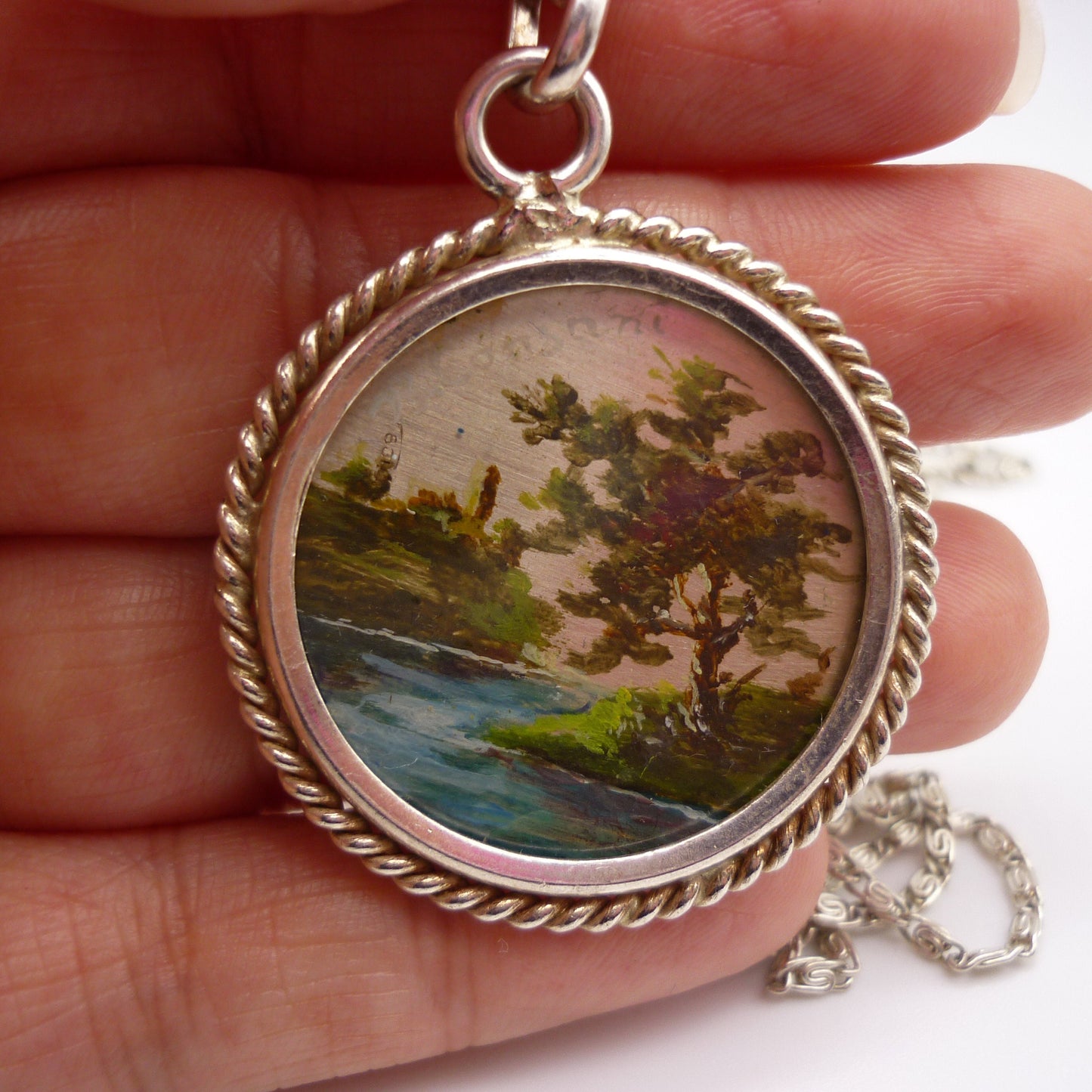 Vintage Landscape Miniature Painting on Silver Pendant Necklace