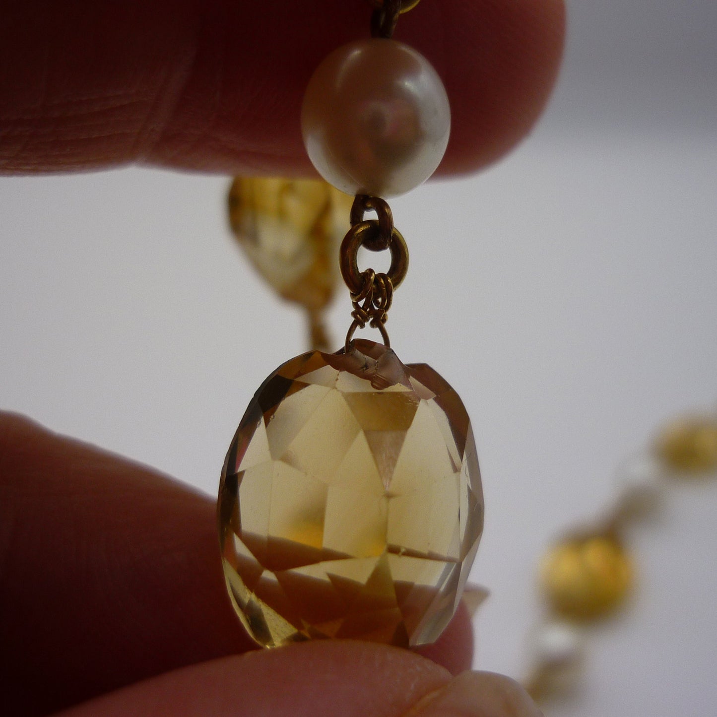 Vintage Faceted Citrine and Cultured Pearl Necklace, Art Deco Gemstone Jewellery