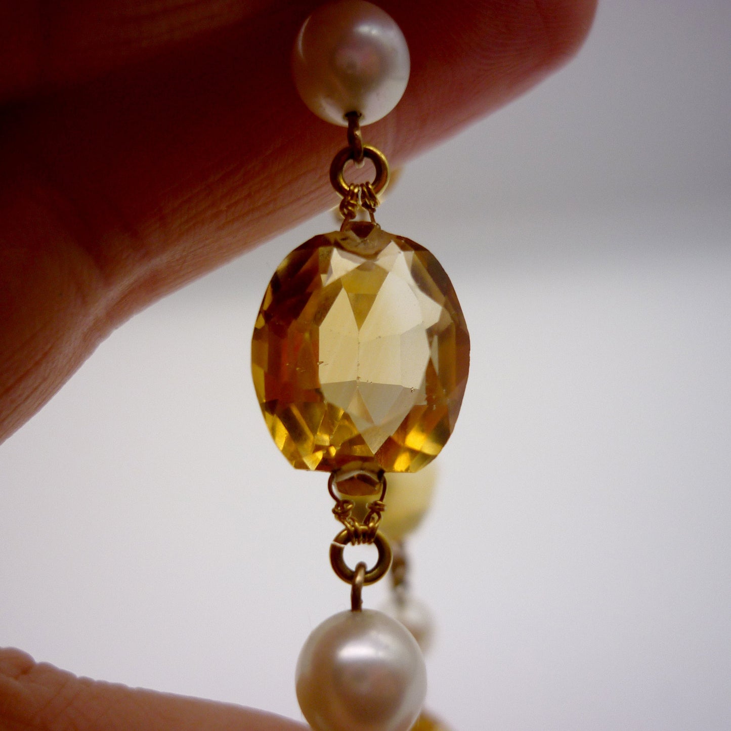 Vintage Faceted Citrine and Cultured Pearl Necklace, Art Deco Gemstone Jewellery