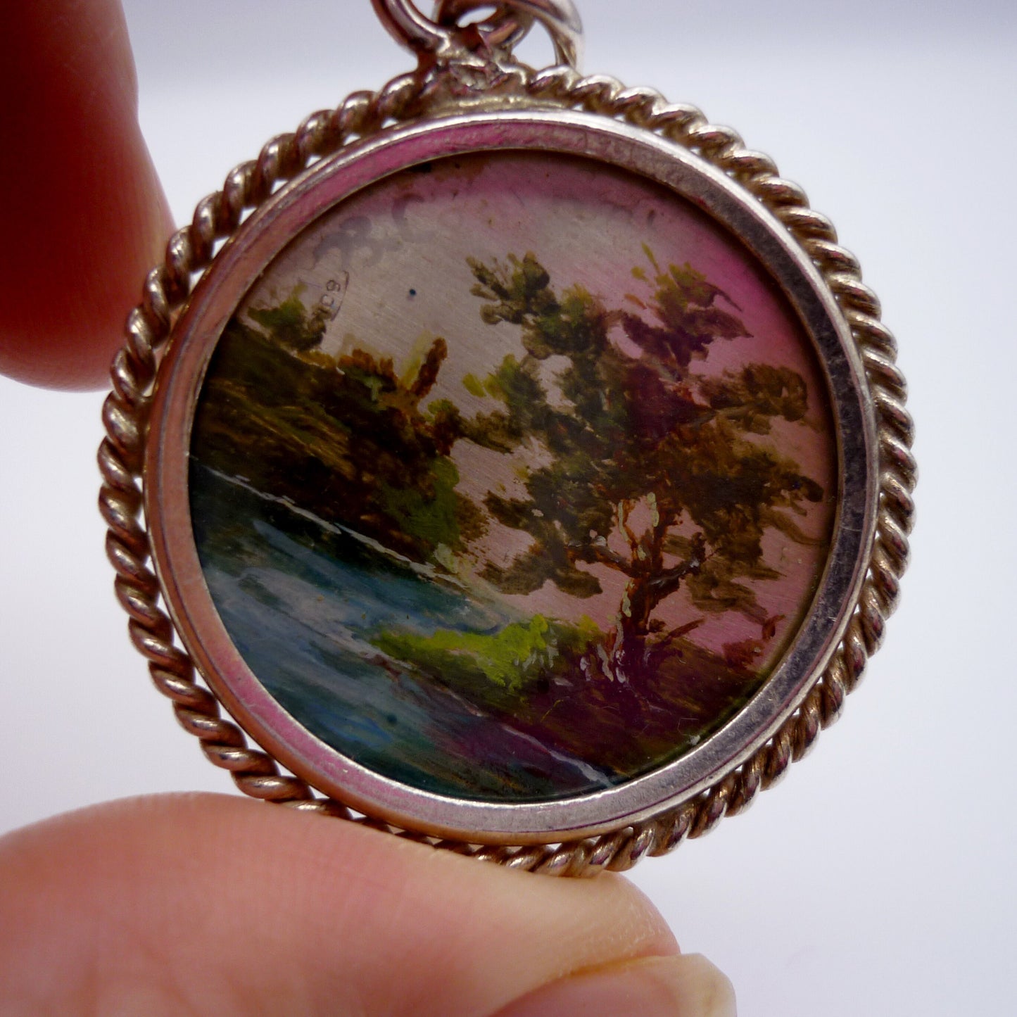 Vintage Landscape Miniature Painting on Silver Pendant Necklace