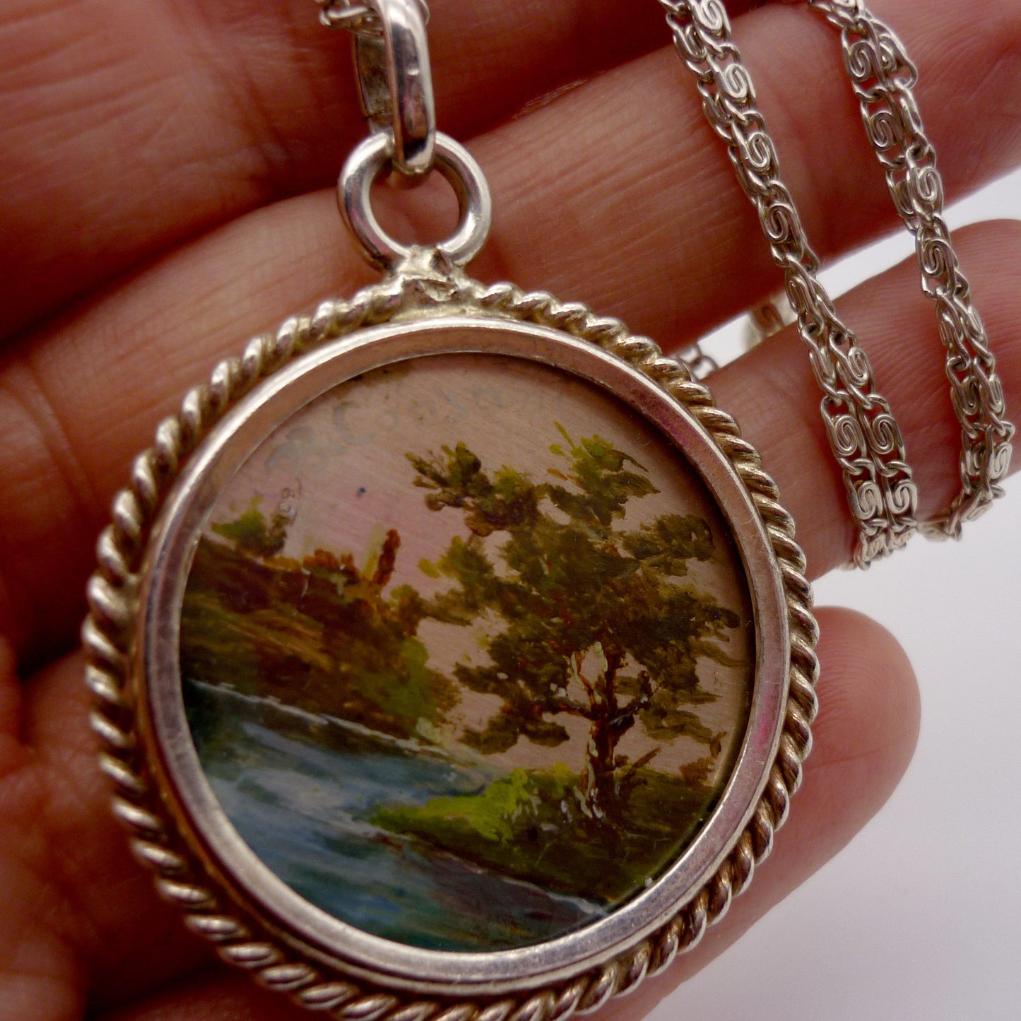 Vintage Landscape Miniature Painting on Silver Pendant Necklace
