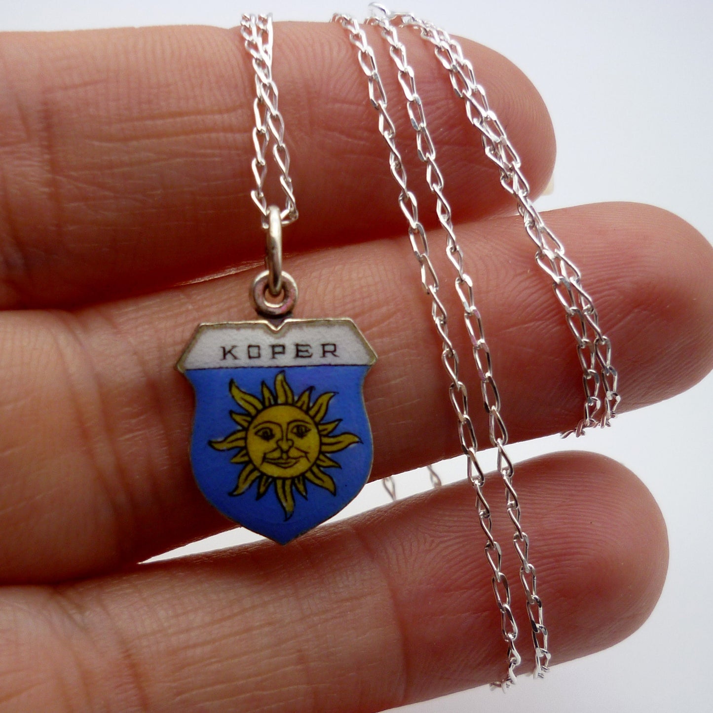 Vintage Koper Slovenia Sun Flag Shield Charm Necklace, Sun and Sky Pendant
