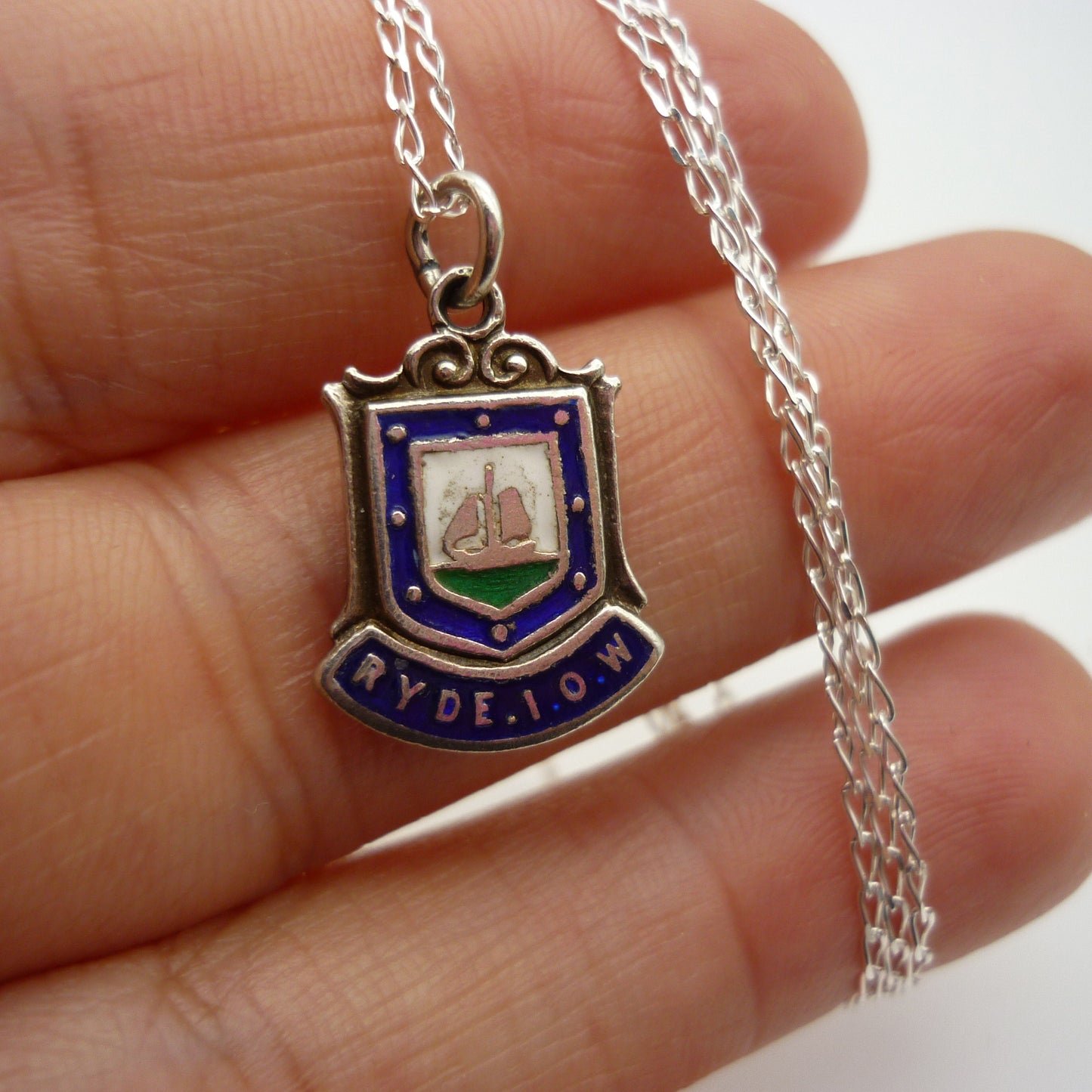 Isle of Wight Shield Charm Necklace, Ryde Souvenir Pendant on Dainty Silver Chain