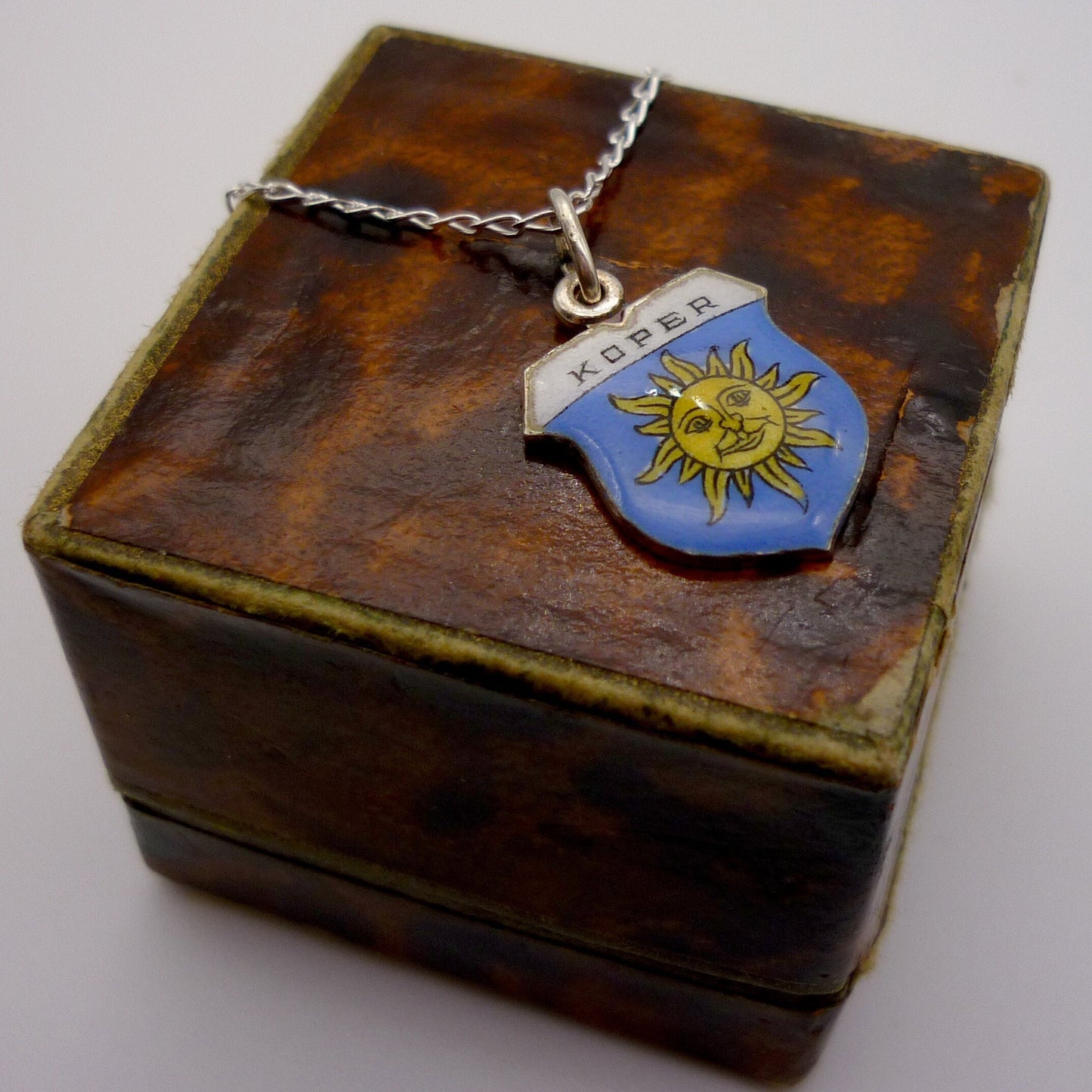 Vintage Koper Slovenia Sun Flag Shield Charm Necklace, Sun and Sky Pendant