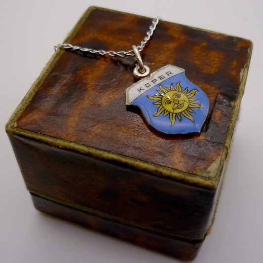 Vintage Koper Slovenia Sun Flag Shield Charm Necklace, Sun and Sky Pendant