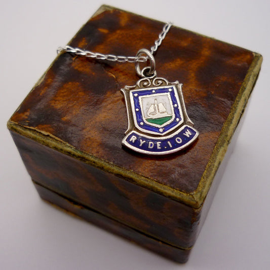 Isle of Wight Shield Charm Necklace, Ryde Souvenir Pendant on Dainty Silver Chain