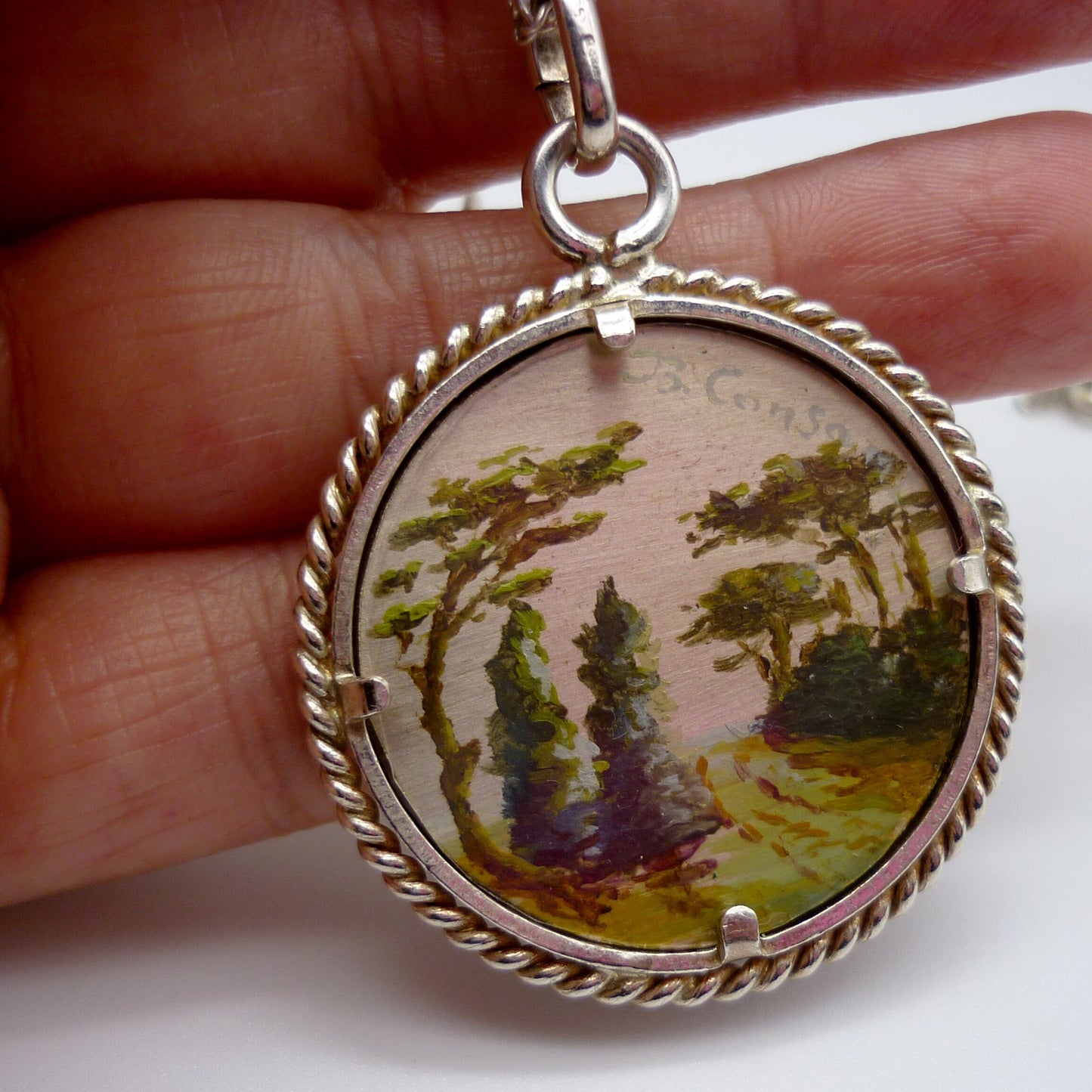 Vintage Landscape Miniature Painting on Silver Pendant Necklace