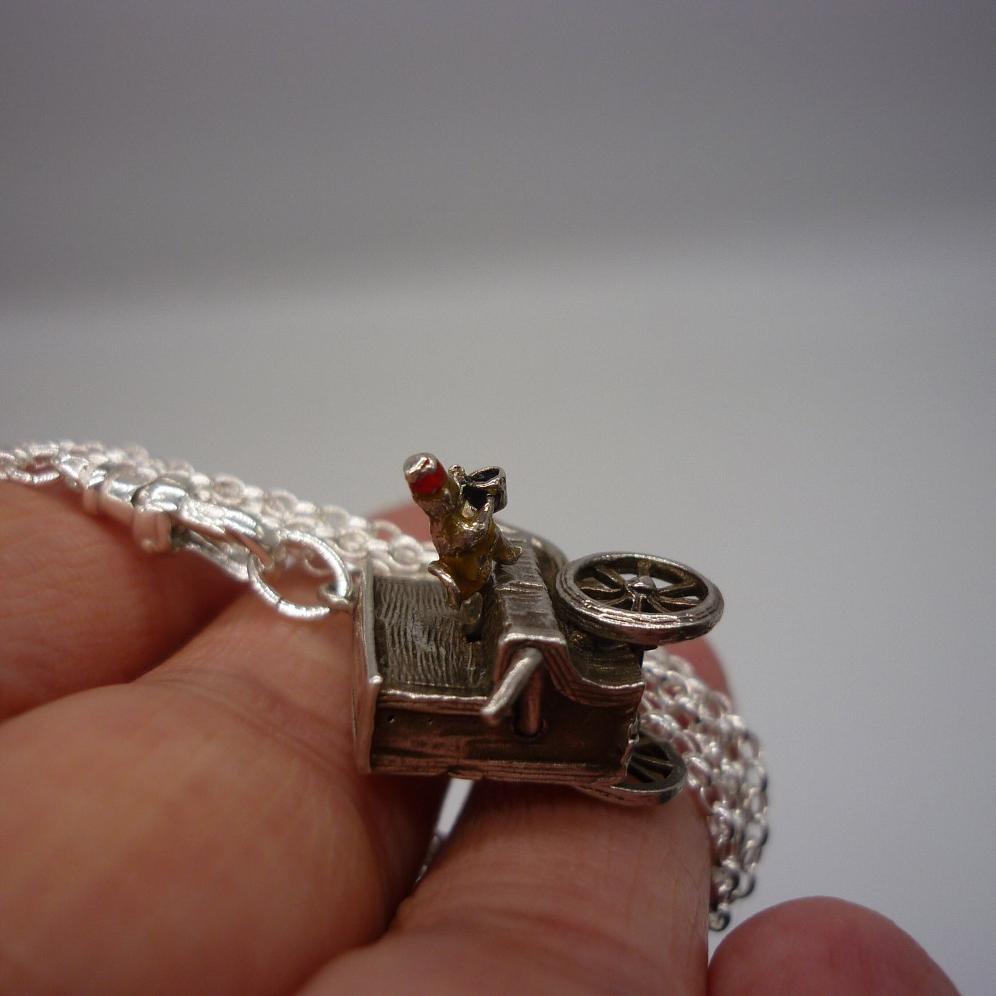 Solid Silver Organ Grinder Monkey Necklace: Long Sterling Chain Charm Holder