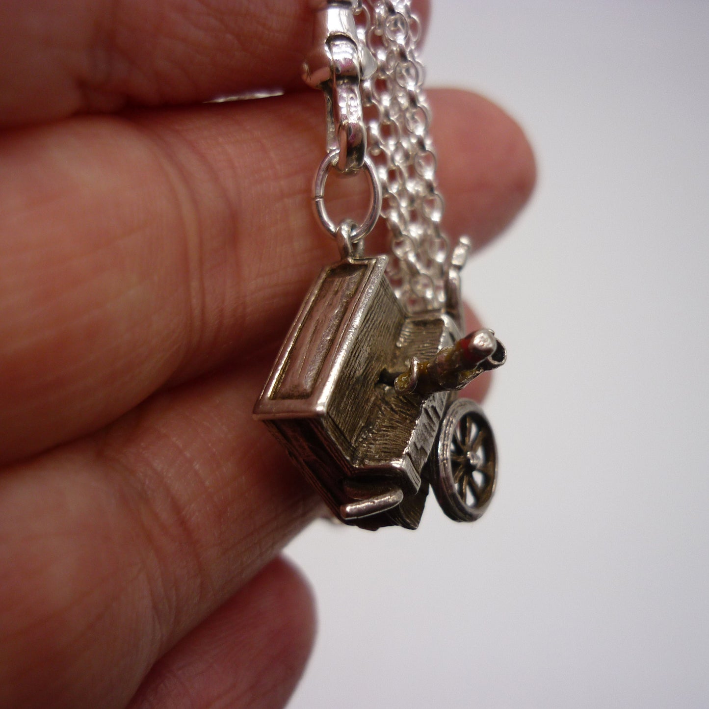 Solid Silver Organ Grinder Monkey Necklace: Long Sterling Chain Charm Holder