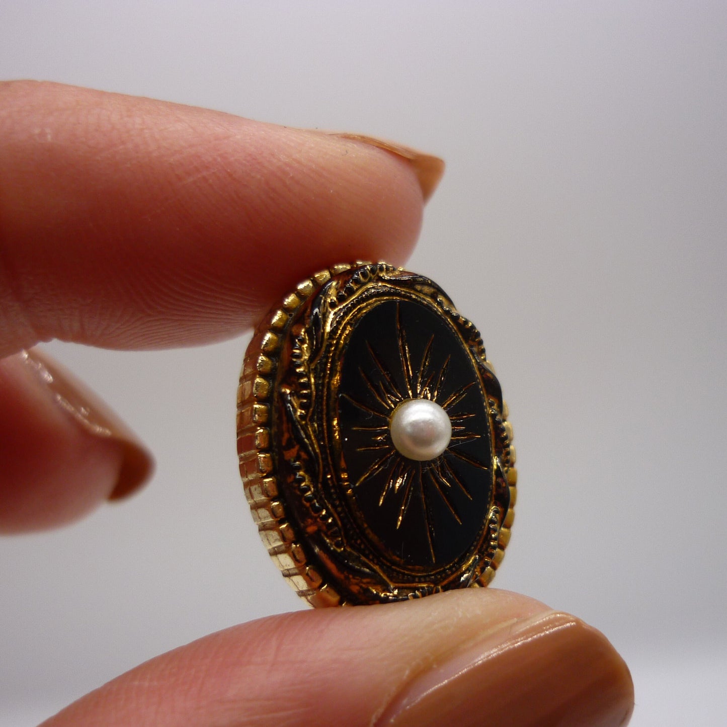 Victorian Revival Black Glass & Faux Pearl Clip on Earrings