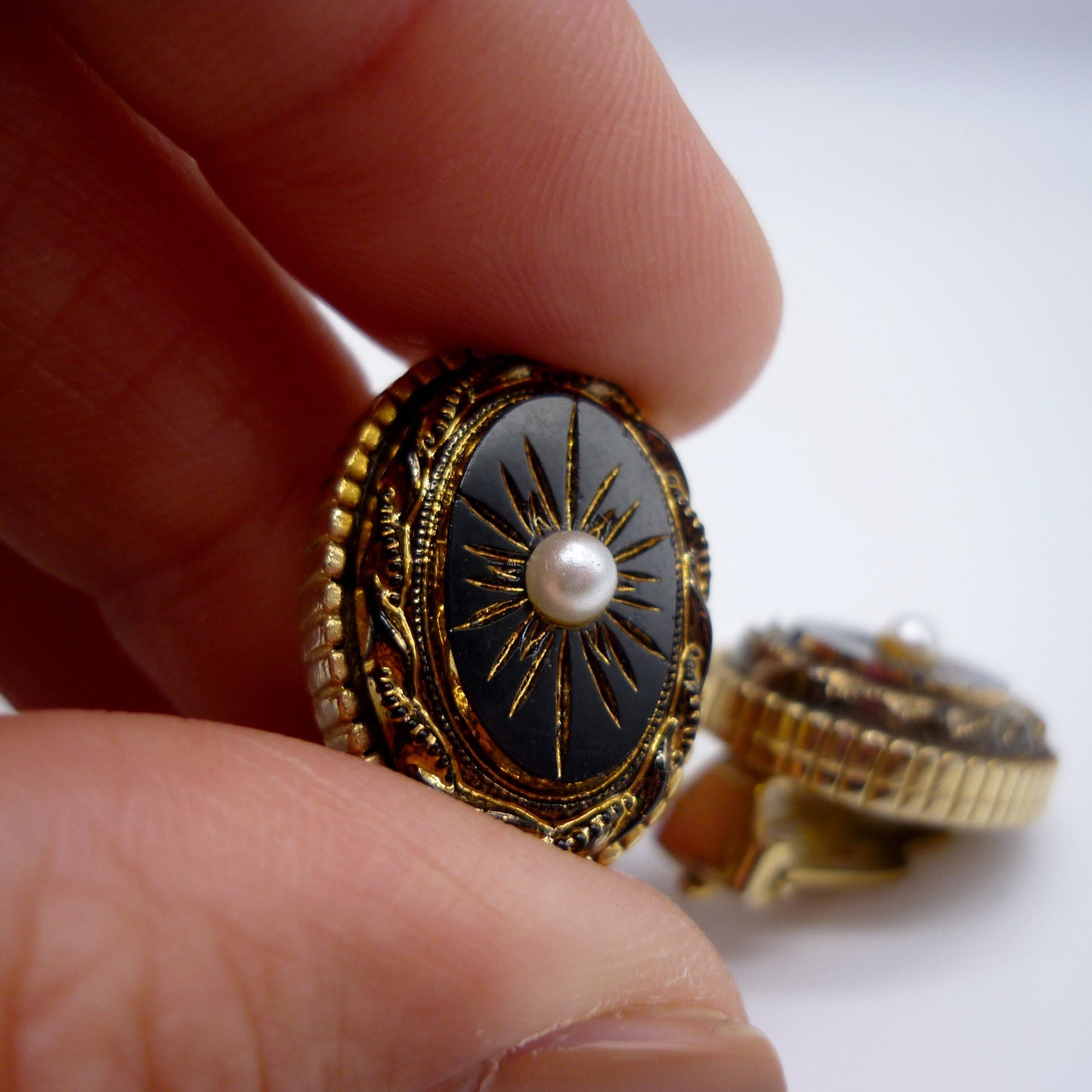 Victorian Revival Black Glass & Faux Pearl Clip on Earrings