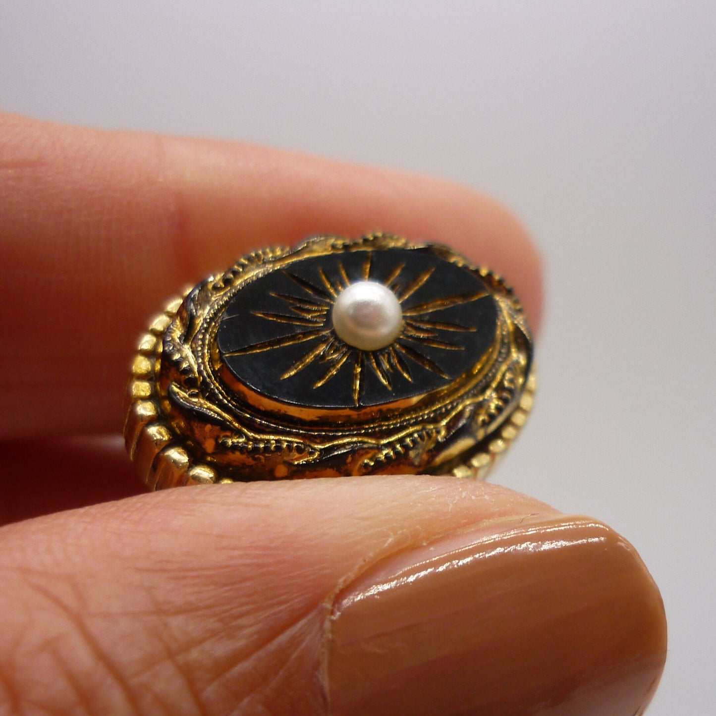 Victorian Revival Black Glass & Faux Pearl Clip on Earrings