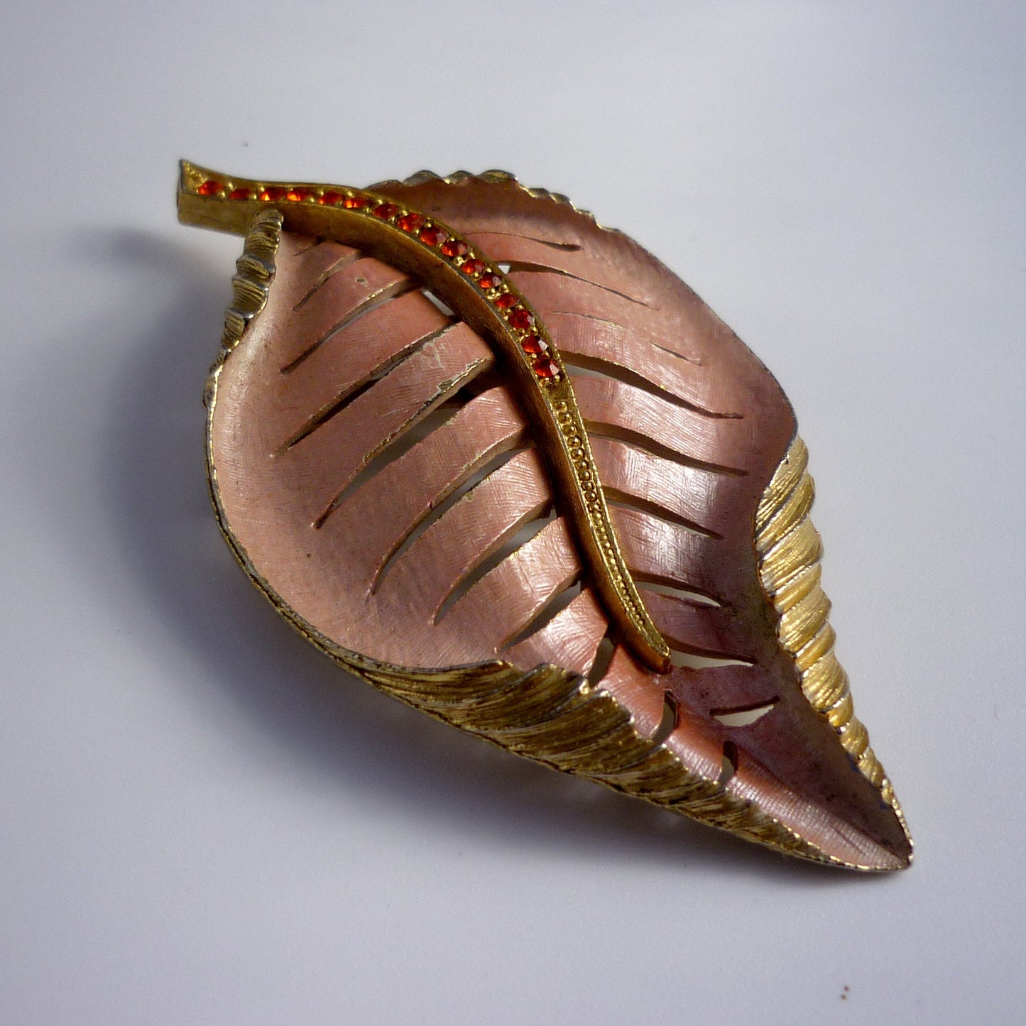 Large Pink Enamel on Gold Leaf Brooch set with Red Stones