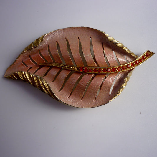Large Pink Enamel on Gold Leaf Brooch set with Red Stones