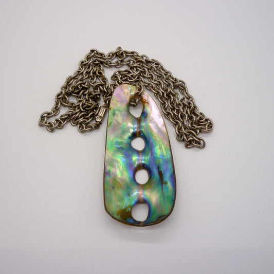 Shell Pendant Necklace on Long Silver Tone Chain