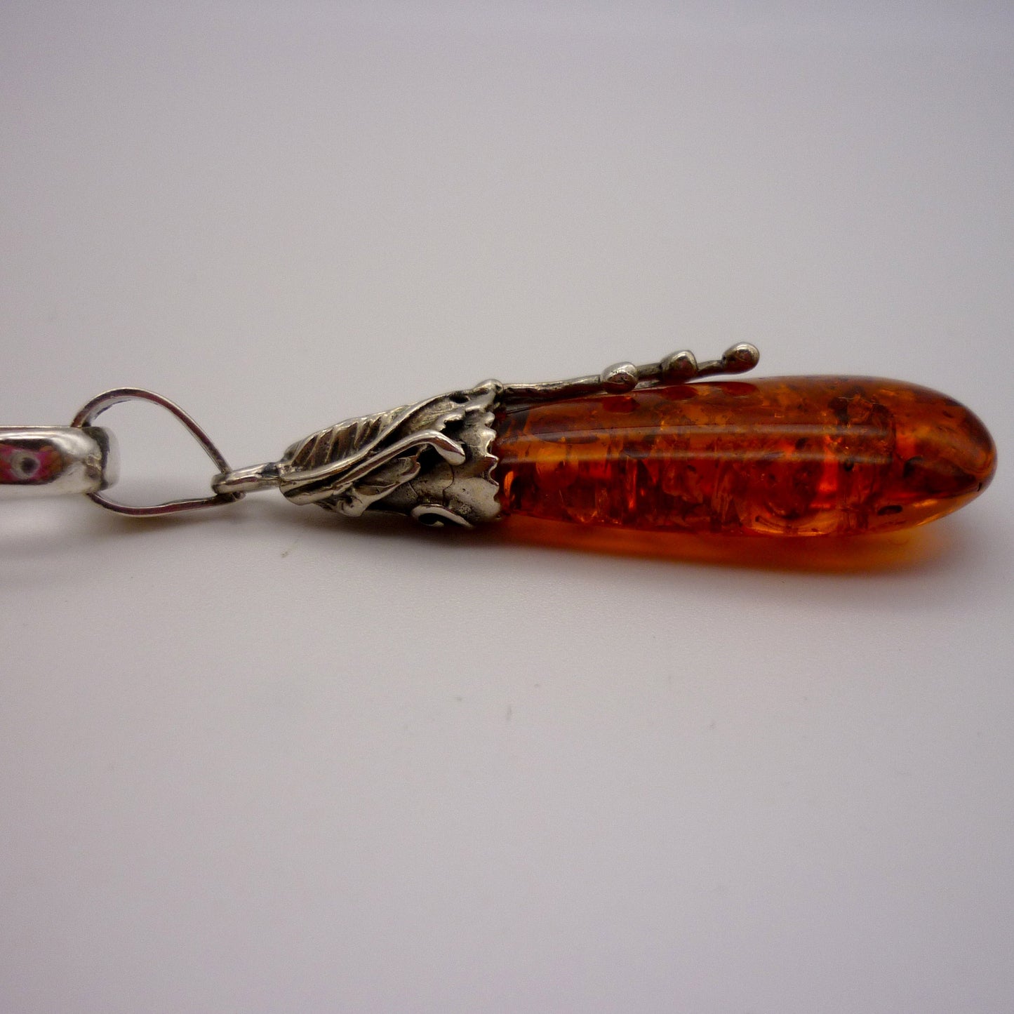 Vintage Silver & Amber Pendant on Recycled Sterling Belcher Chain with Albert Clasp Charm Holder