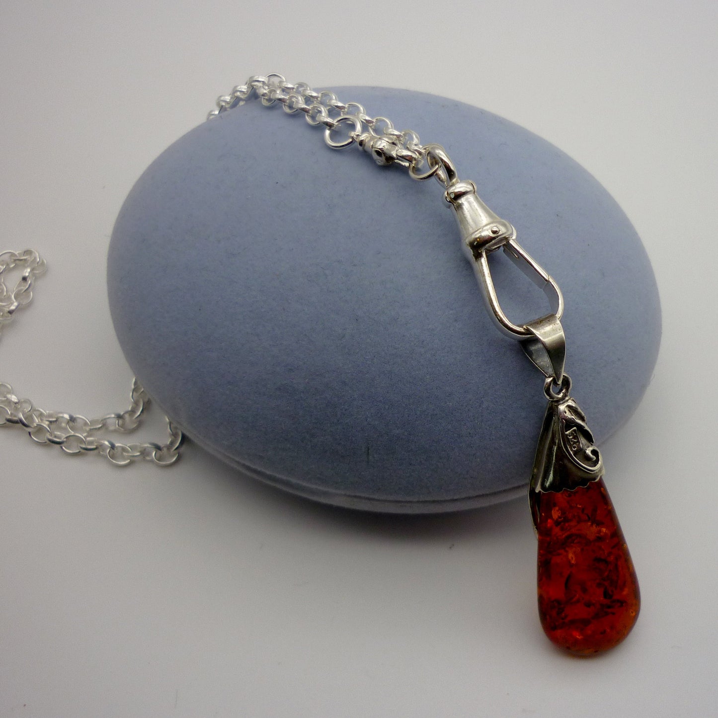 Vintage Silver & Amber Pendant on Recycled Sterling Belcher Chain with Albert Clasp Charm Holder