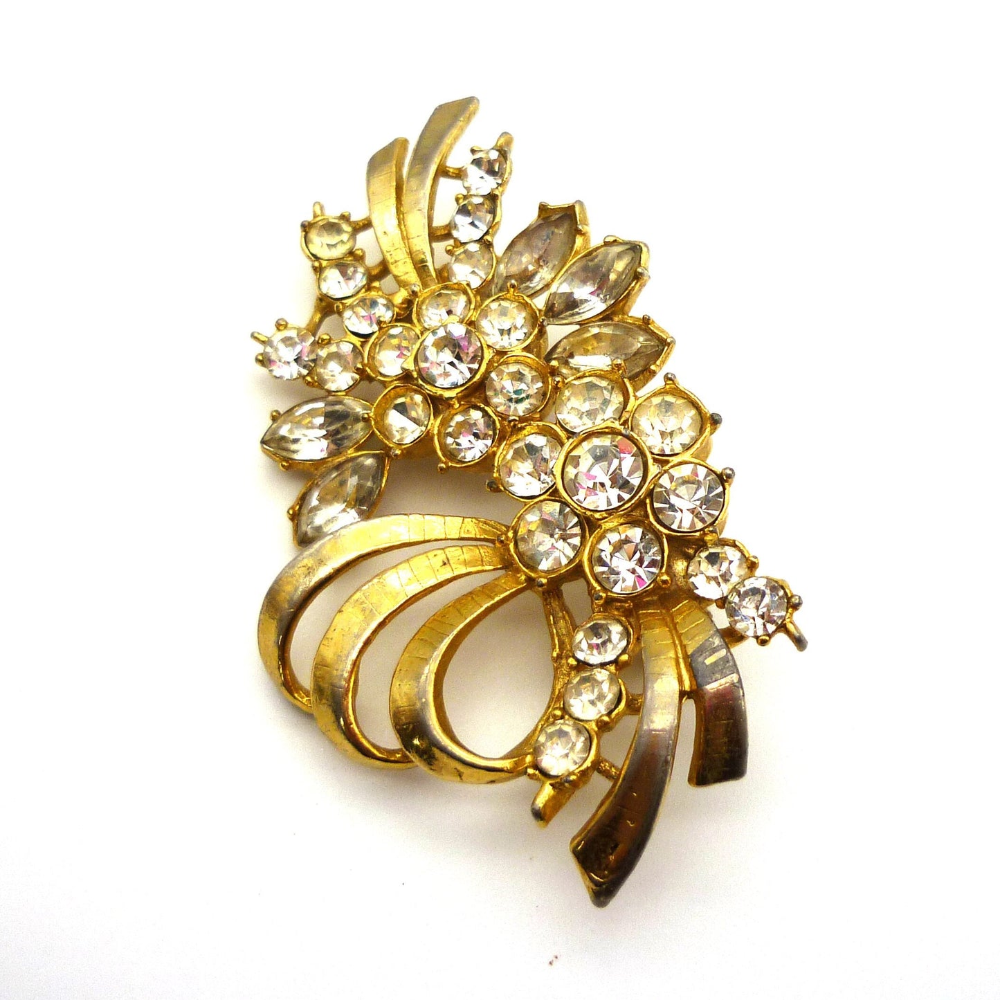 Large Vintage Rhinestone Gold Tone Flower Brooch