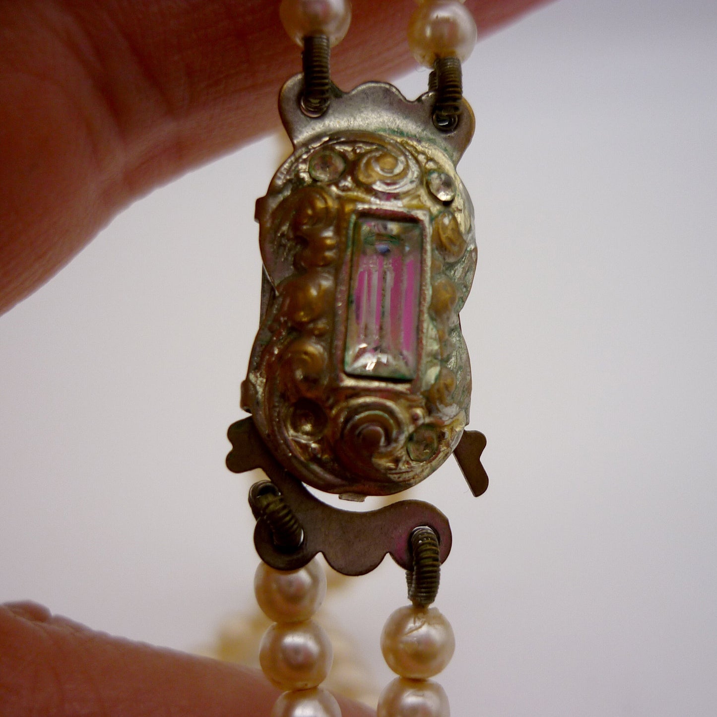 Vintage Double Strand Costume Pearls with Diamante and Emerald Cut Rhinestone Clasp