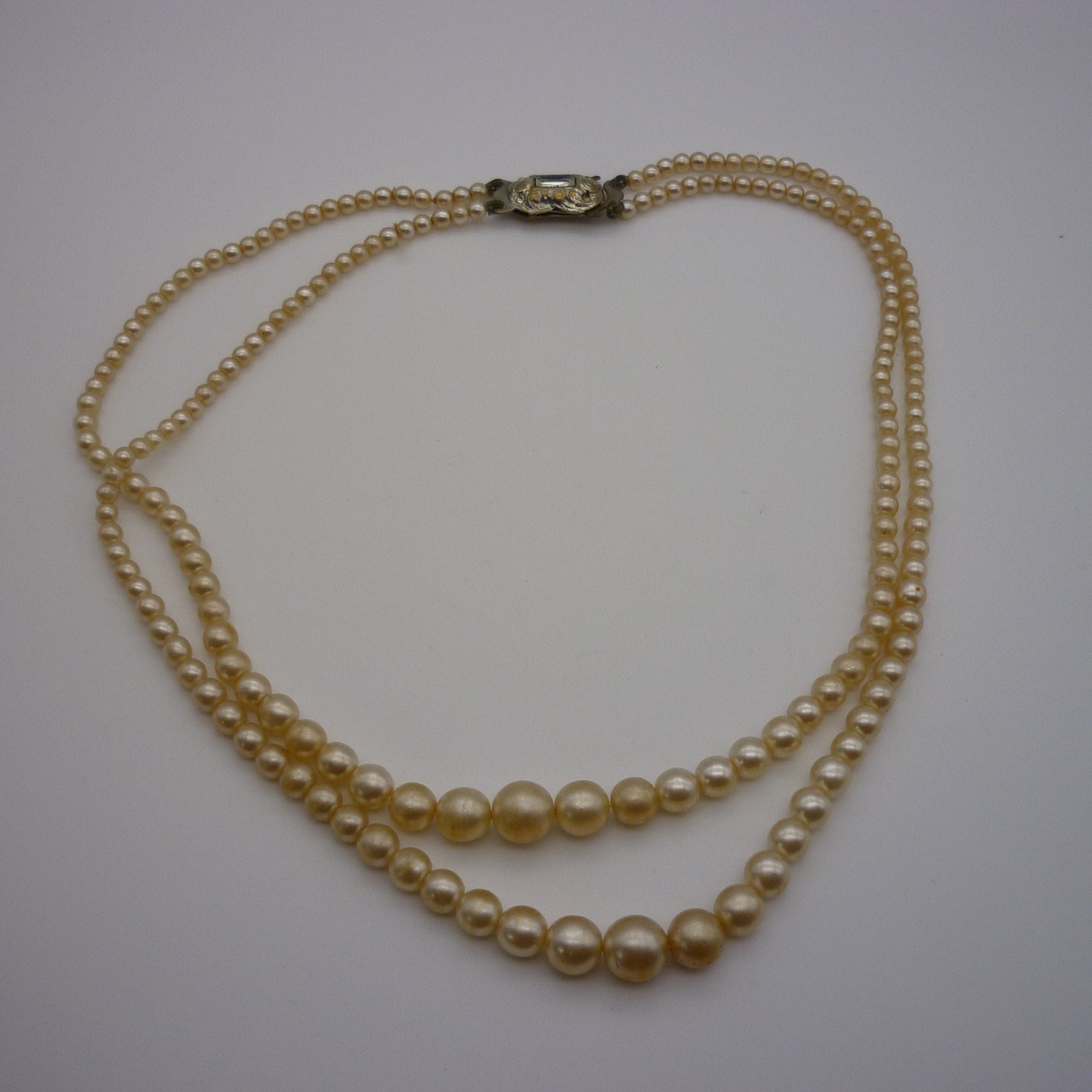 Vintage Double Strand Costume Pearls with Diamante and Emerald Cut Rhinestone Clasp