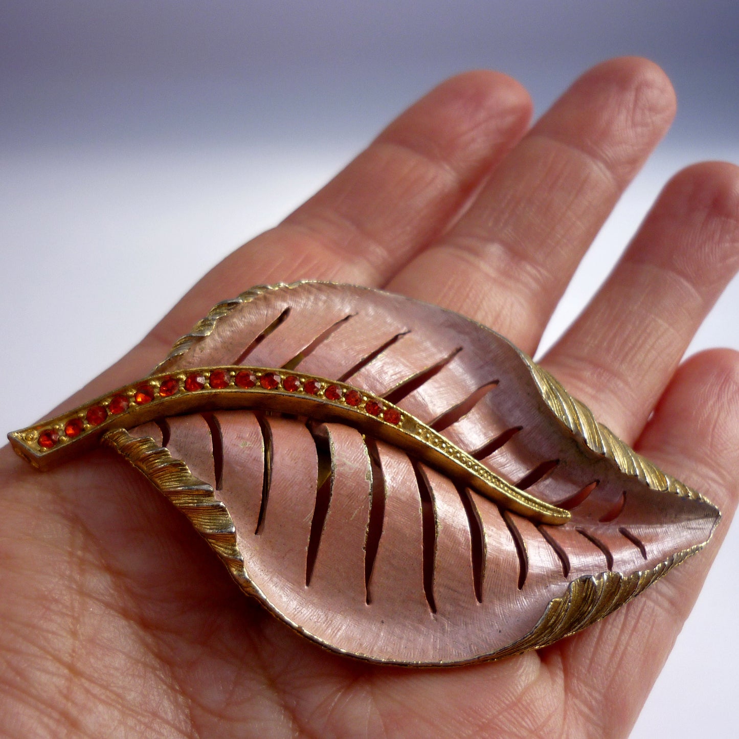 Large Pink Enamel on Gold Leaf Brooch set with Red Stones
