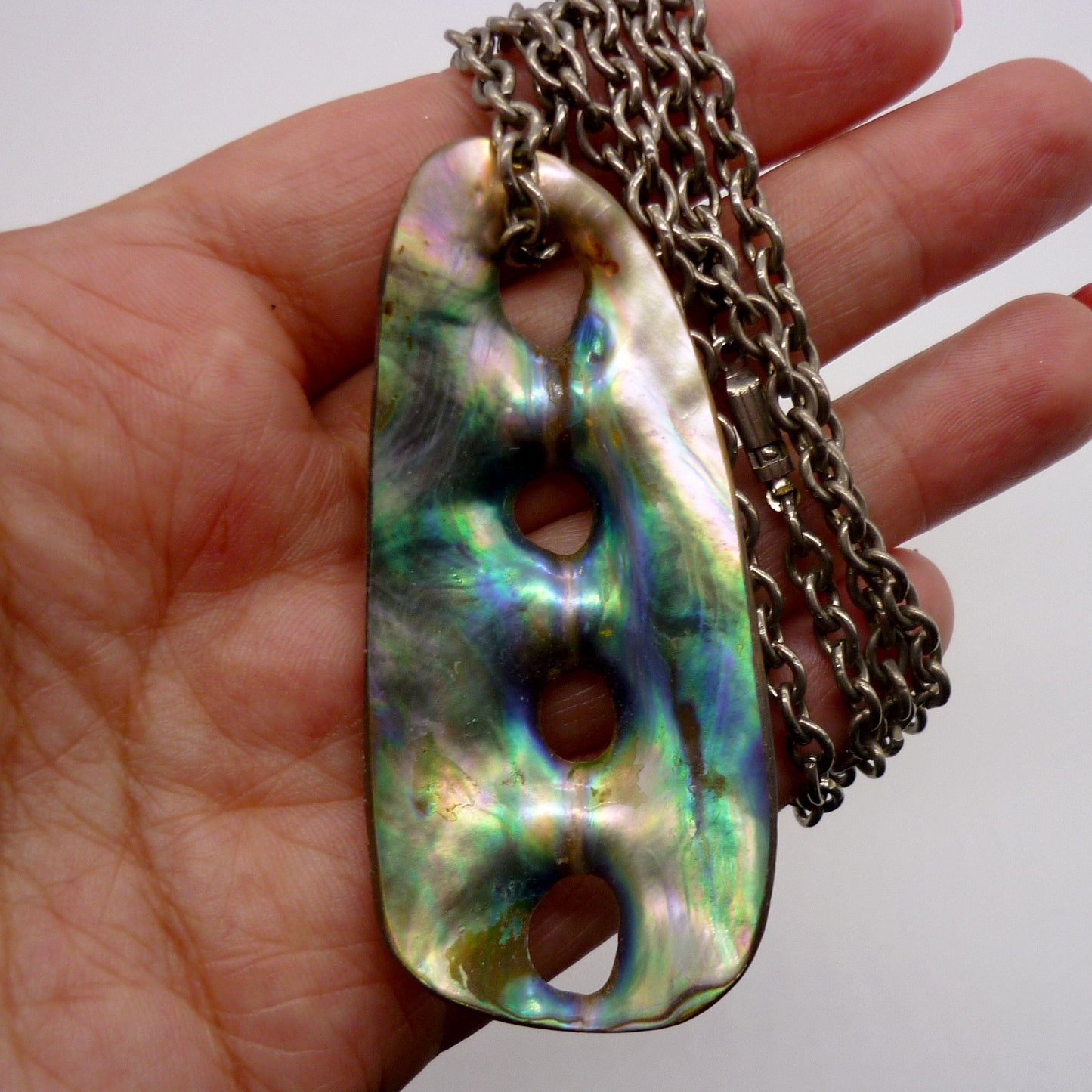 Shell Pendant Necklace on Long Silver Tone Chain