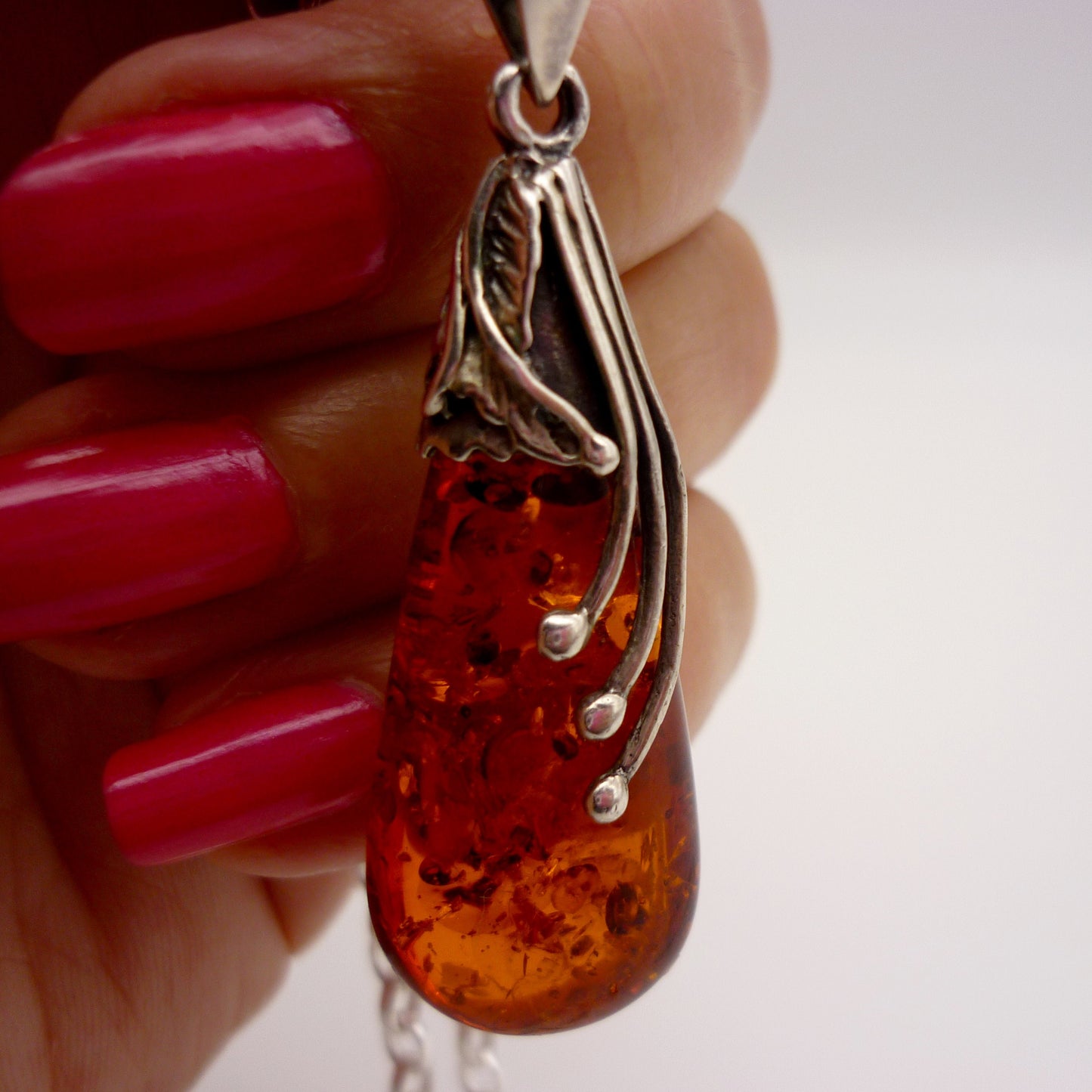 Vintage Silver & Amber Pendant on Recycled Sterling Belcher Chain with Albert Clasp Charm Holder