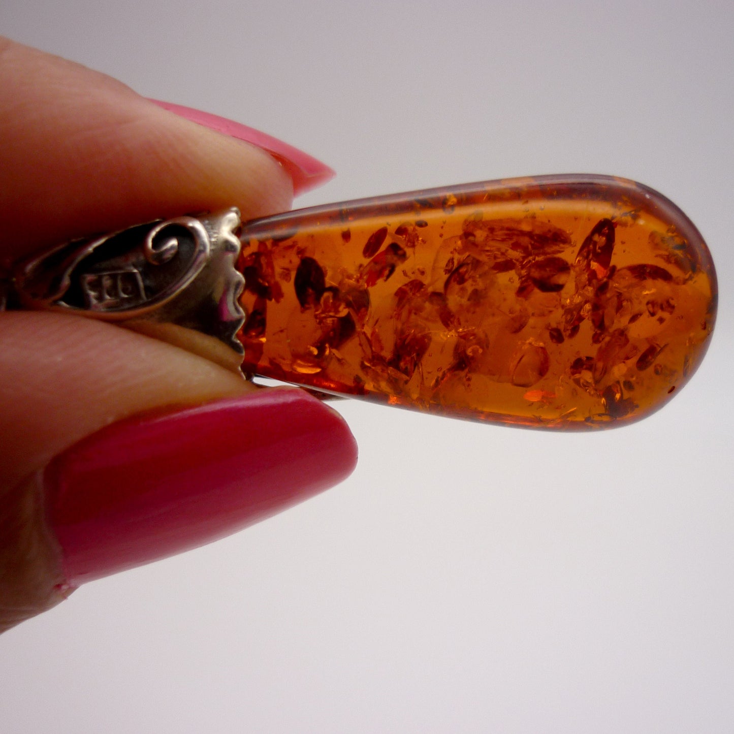 Vintage Silver & Amber Pendant on Recycled Sterling Belcher Chain with Albert Clasp Charm Holder