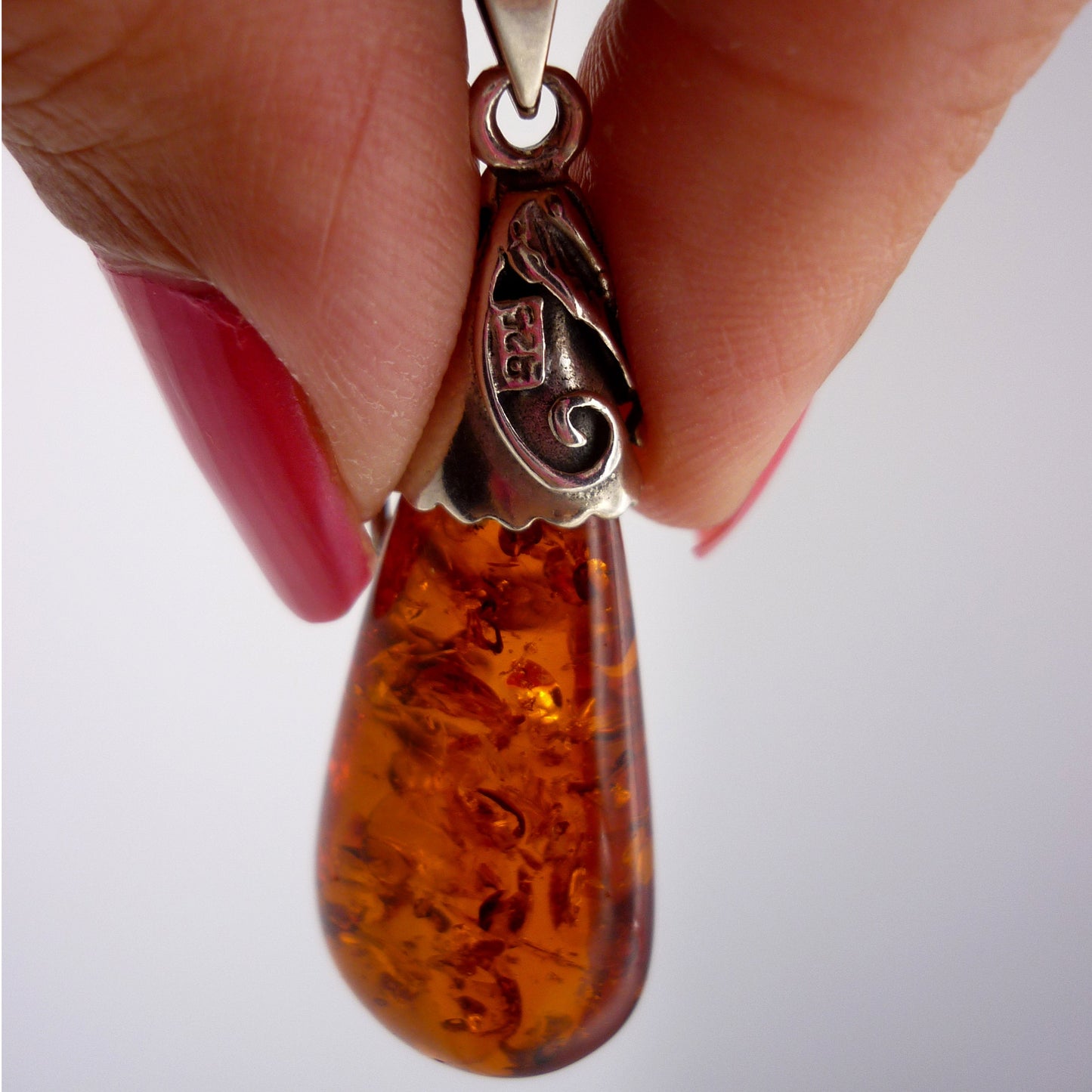 Vintage Silver & Amber Pendant on Recycled Sterling Belcher Chain with Albert Clasp Charm Holder