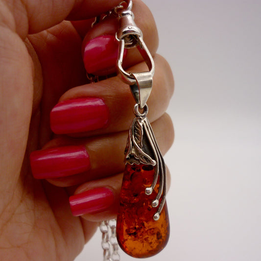 Vintage Silver & Amber Pendant on Recycled Sterling Belcher Chain with Albert Clasp Charm Holder