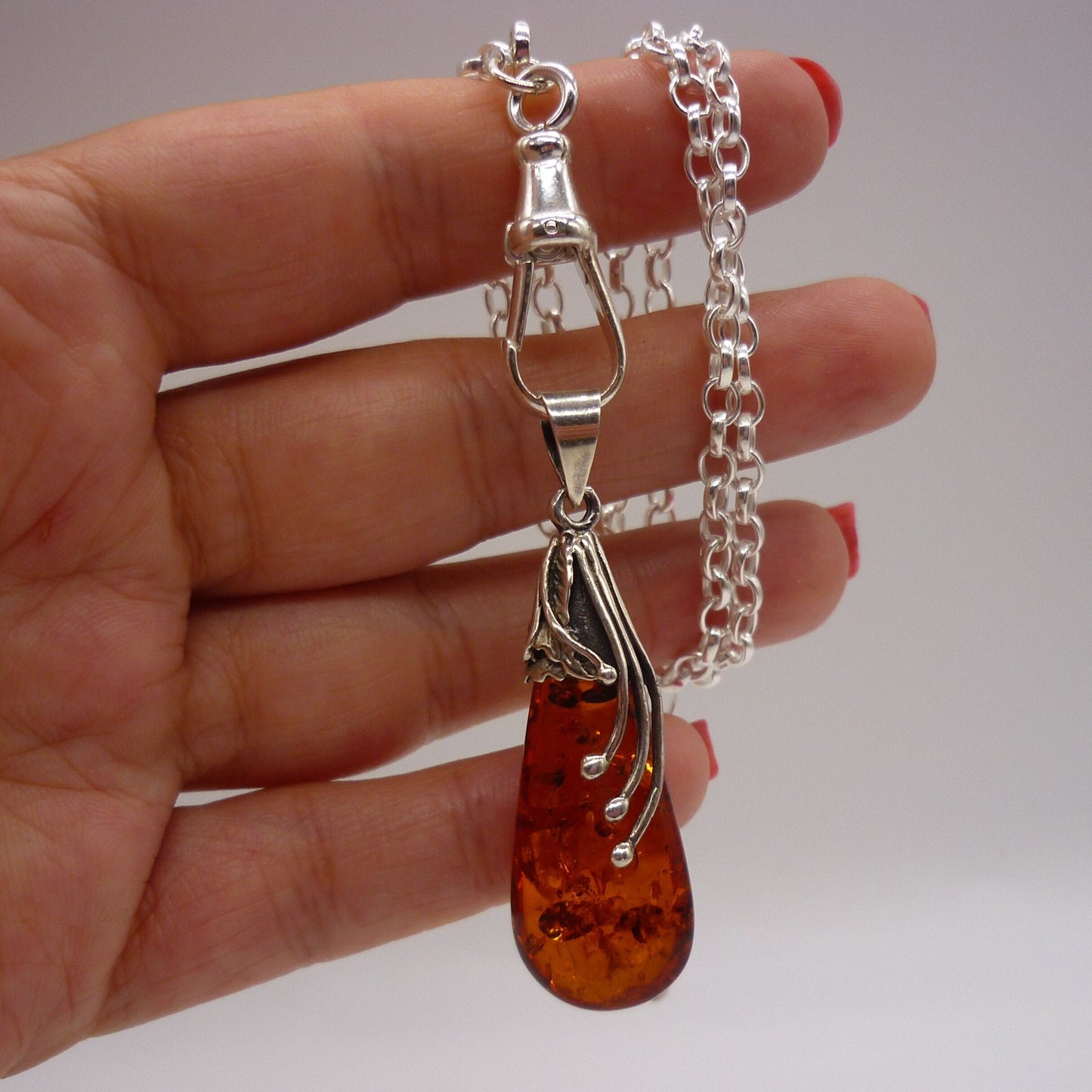 Vintage Silver & Amber Pendant on Recycled Sterling Belcher Chain with Albert Clasp Charm Holder