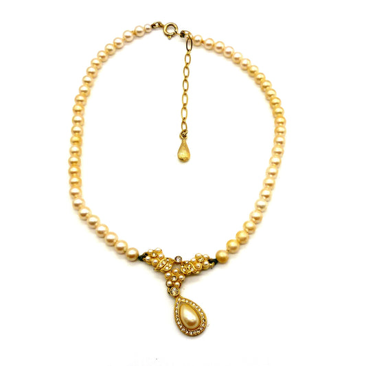 Vintage Dainty Costume Pearl Necklace with Diamante Pendant in Rosita Box