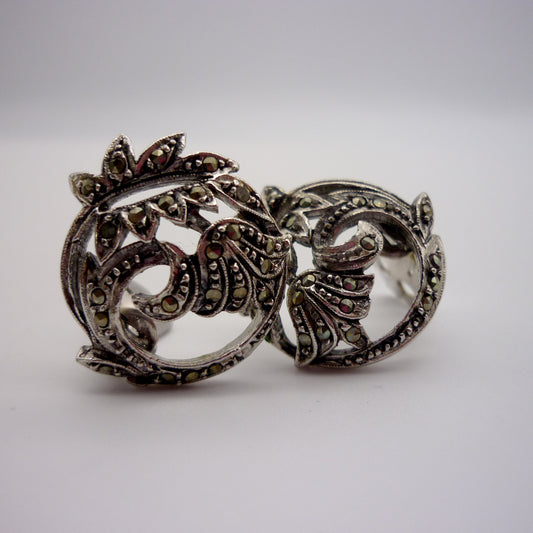 Vintage Clip On Marcasite Earrings, Silver Tone Flower and Leaf