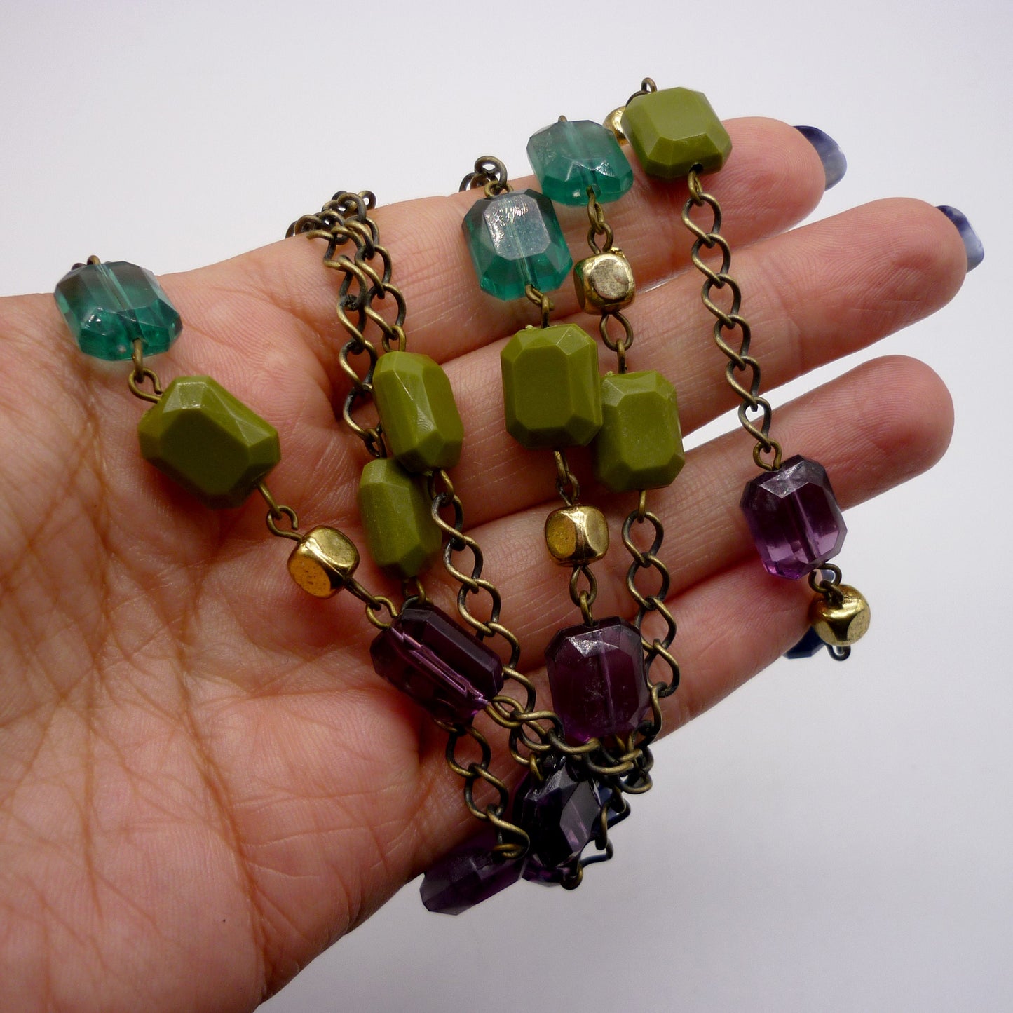 Long Chain Necklace with Colourful Emerald Cut Beads