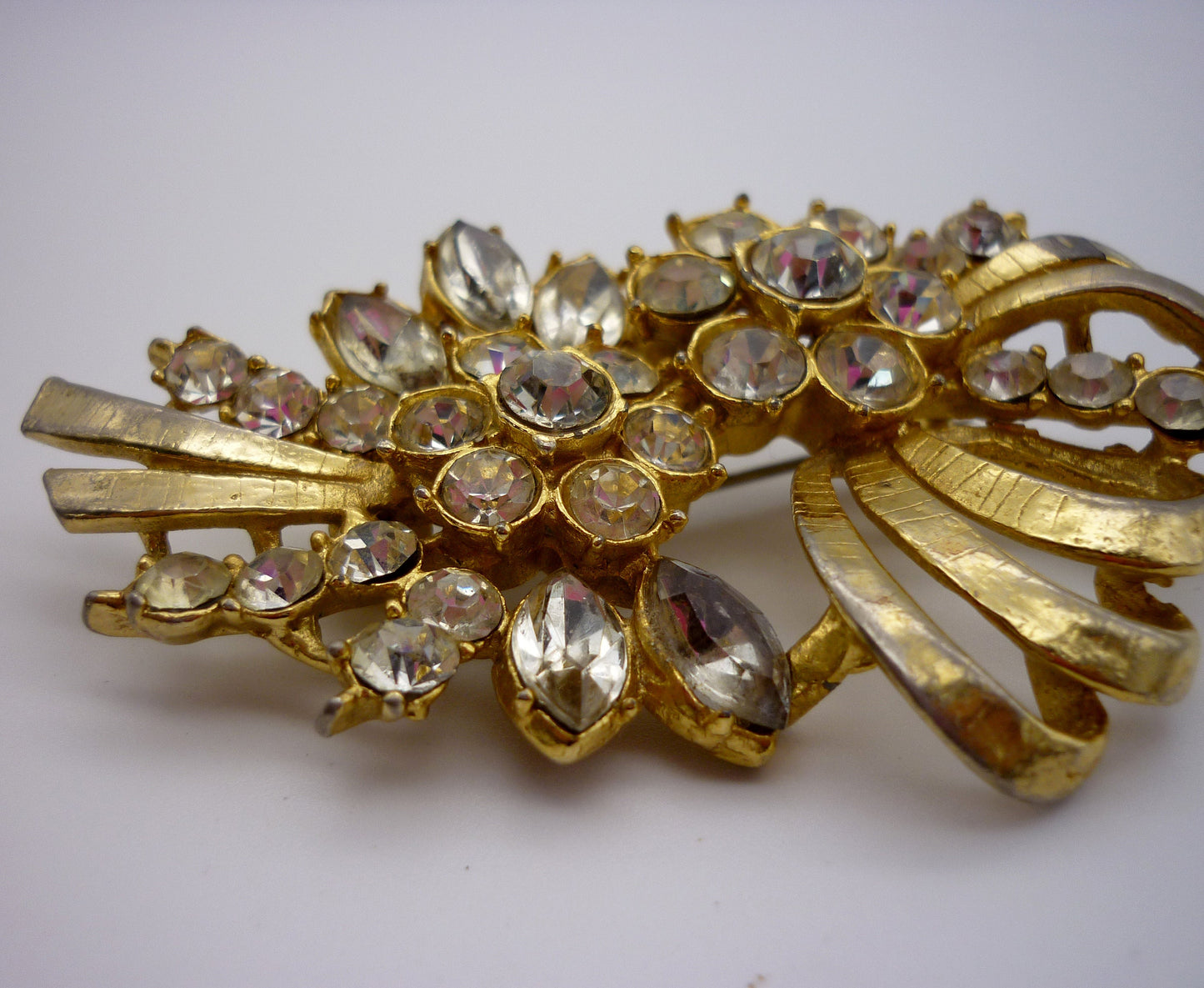 Large Vintage Rhinestone Gold Tone Flower Brooch