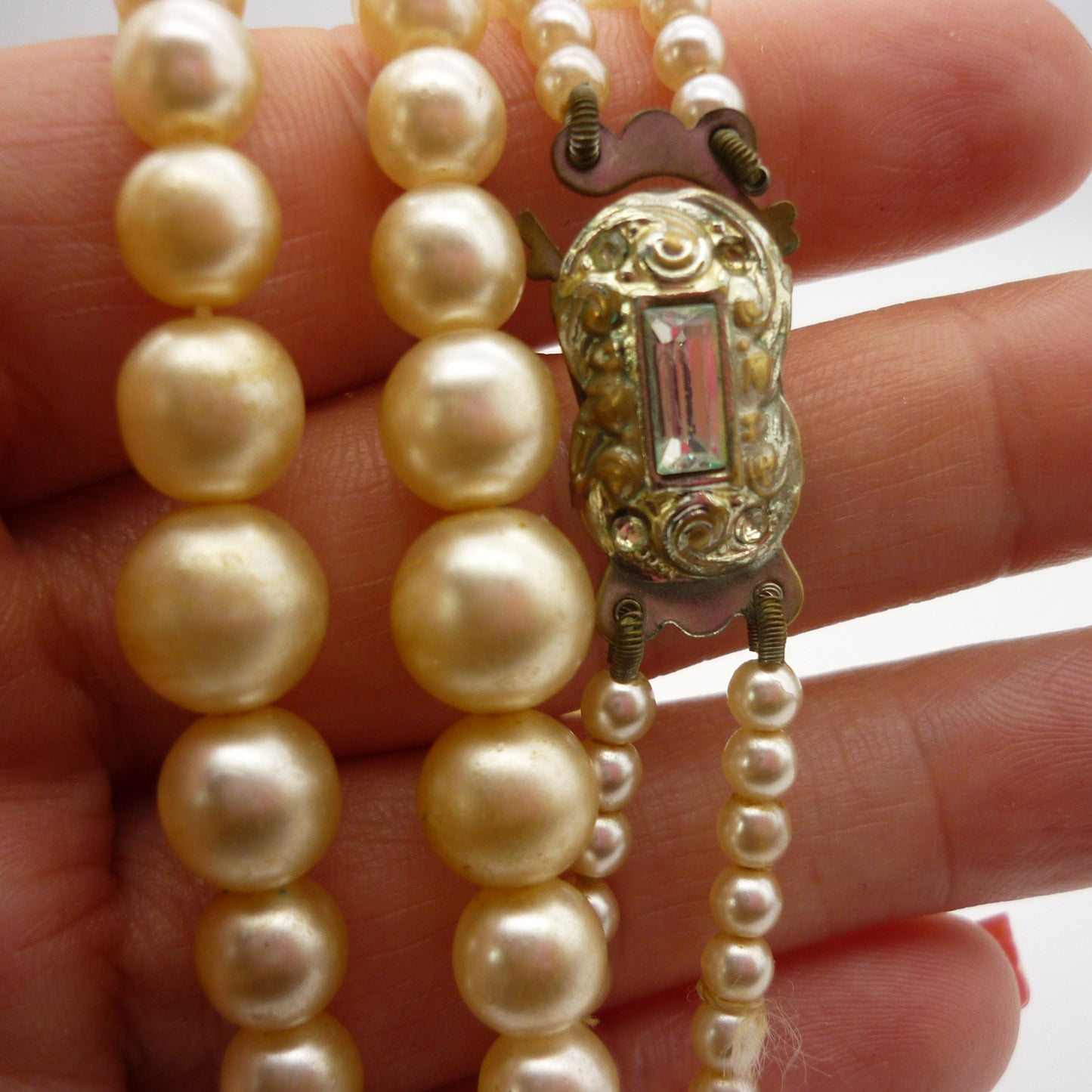 Vintage Double Strand Costume Pearls with Diamante and Emerald Cut Rhinestone Clasp